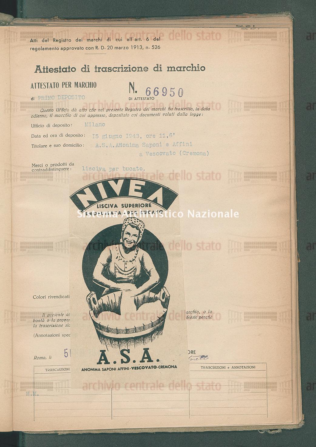Lisciva per bucato A.S.A. Anonima Saponi E Affini (05/02/1945)