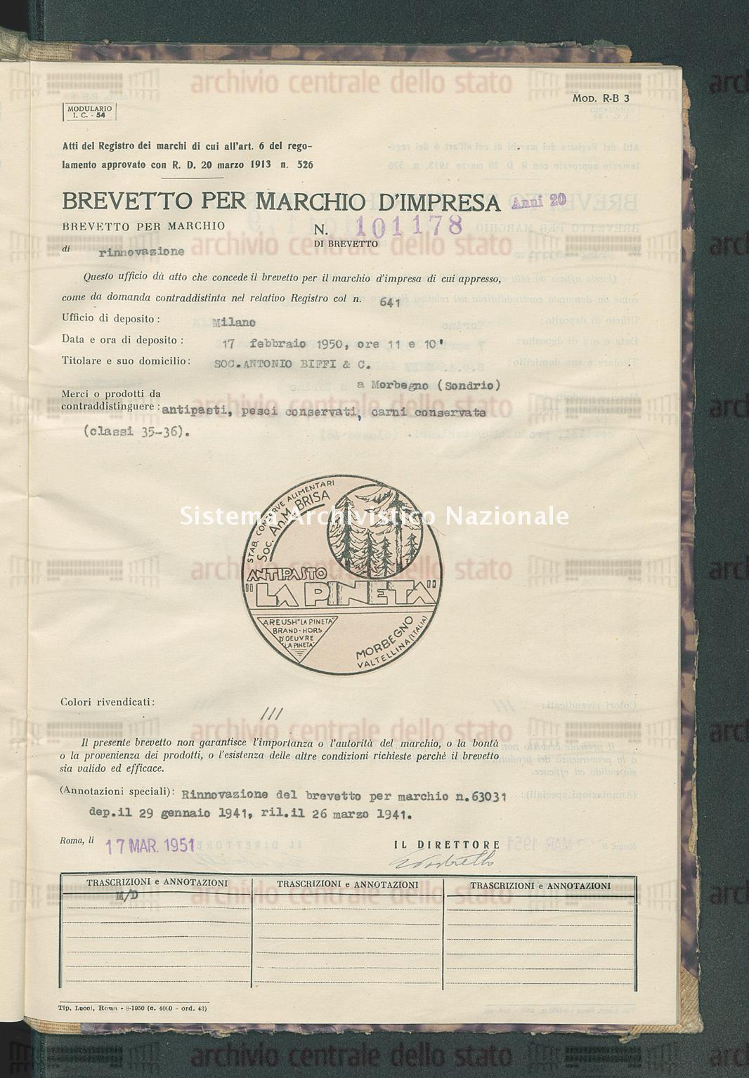 Antipasti, pesci conservati, carni conservate Soc.Antonio Bitti & C. (17/03/1951)