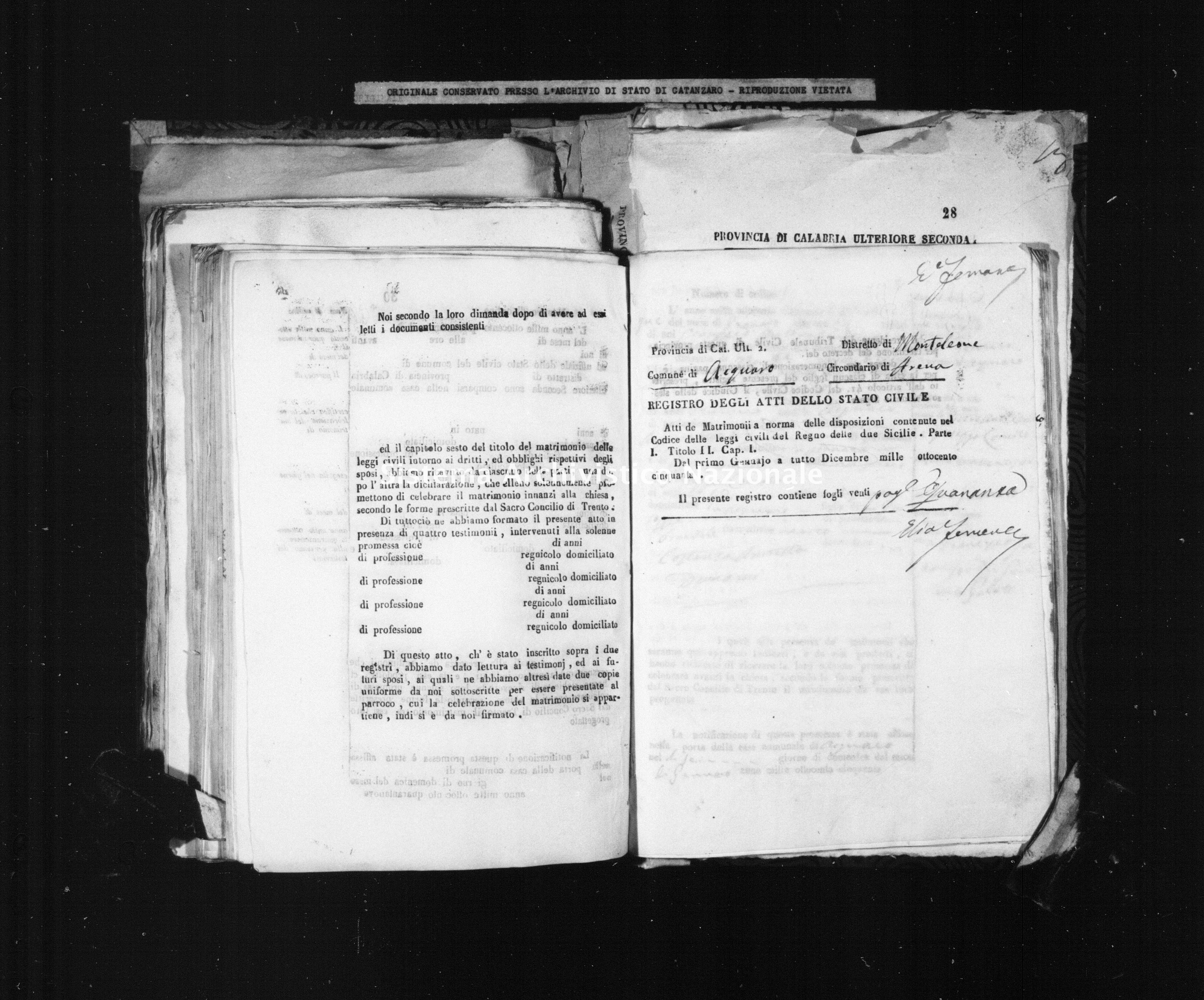 Archivio di stato di Catanzaro - Stato civile della restaurazione - Acquaro - Matrimoni - 1850 -