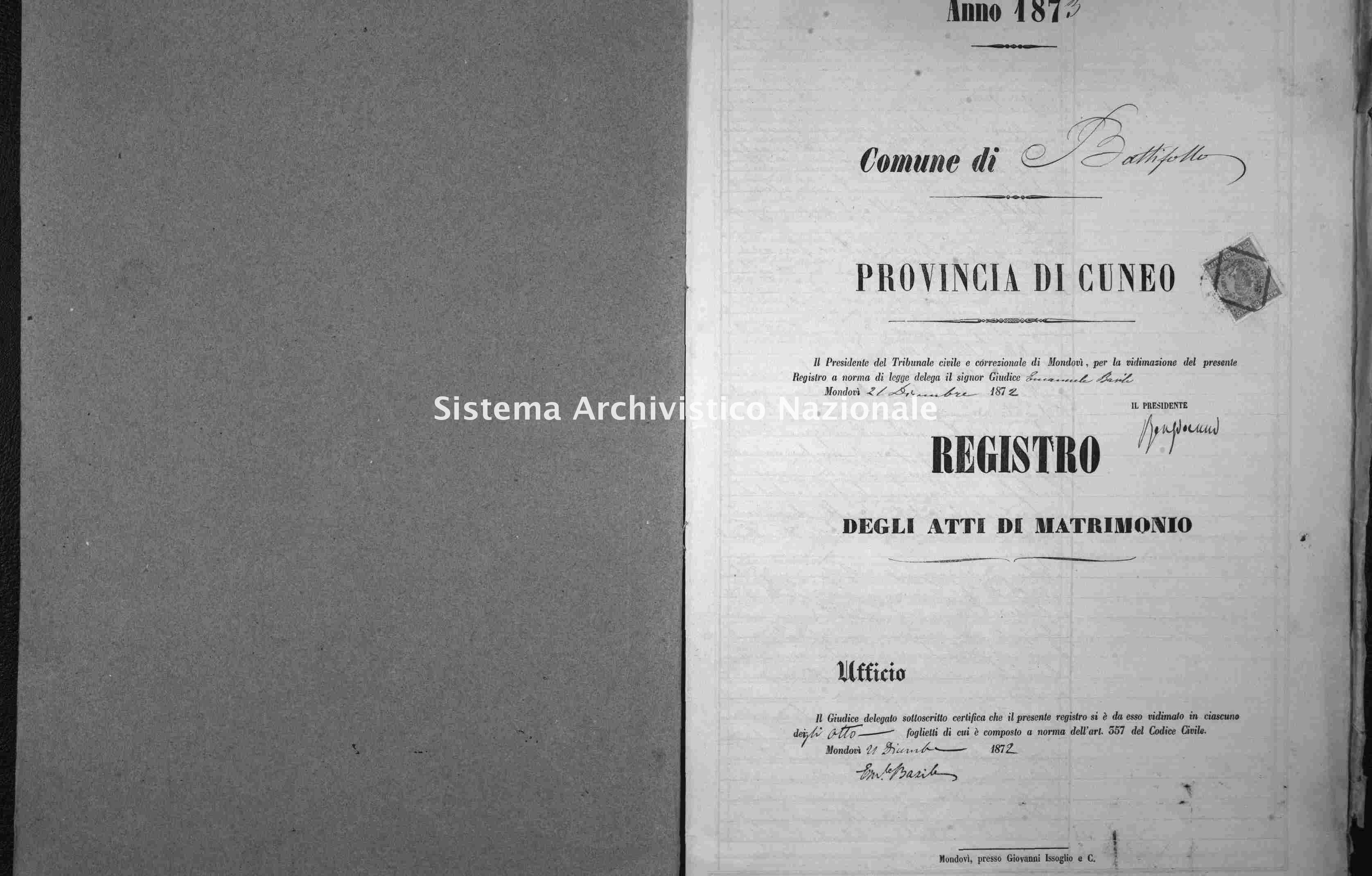 Archivio di stato di Cuneo - Stato civile italiano - Battifollo - Matrimoni - 1873 -