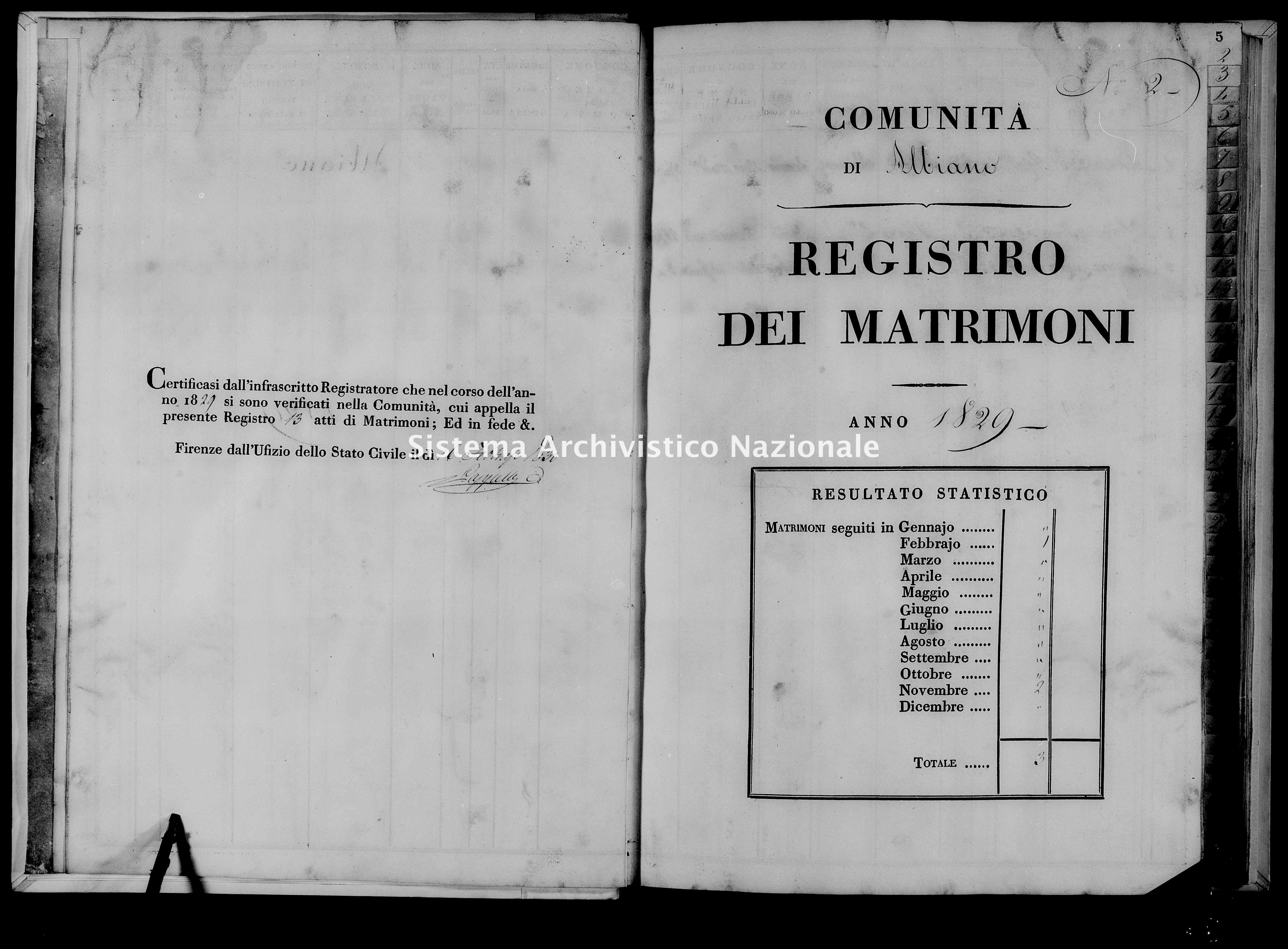 Archivio di stato di Firenze - Stato civile di Toscana (1808-1865) - Albiano - Matrimoni - 1829 - 70 -