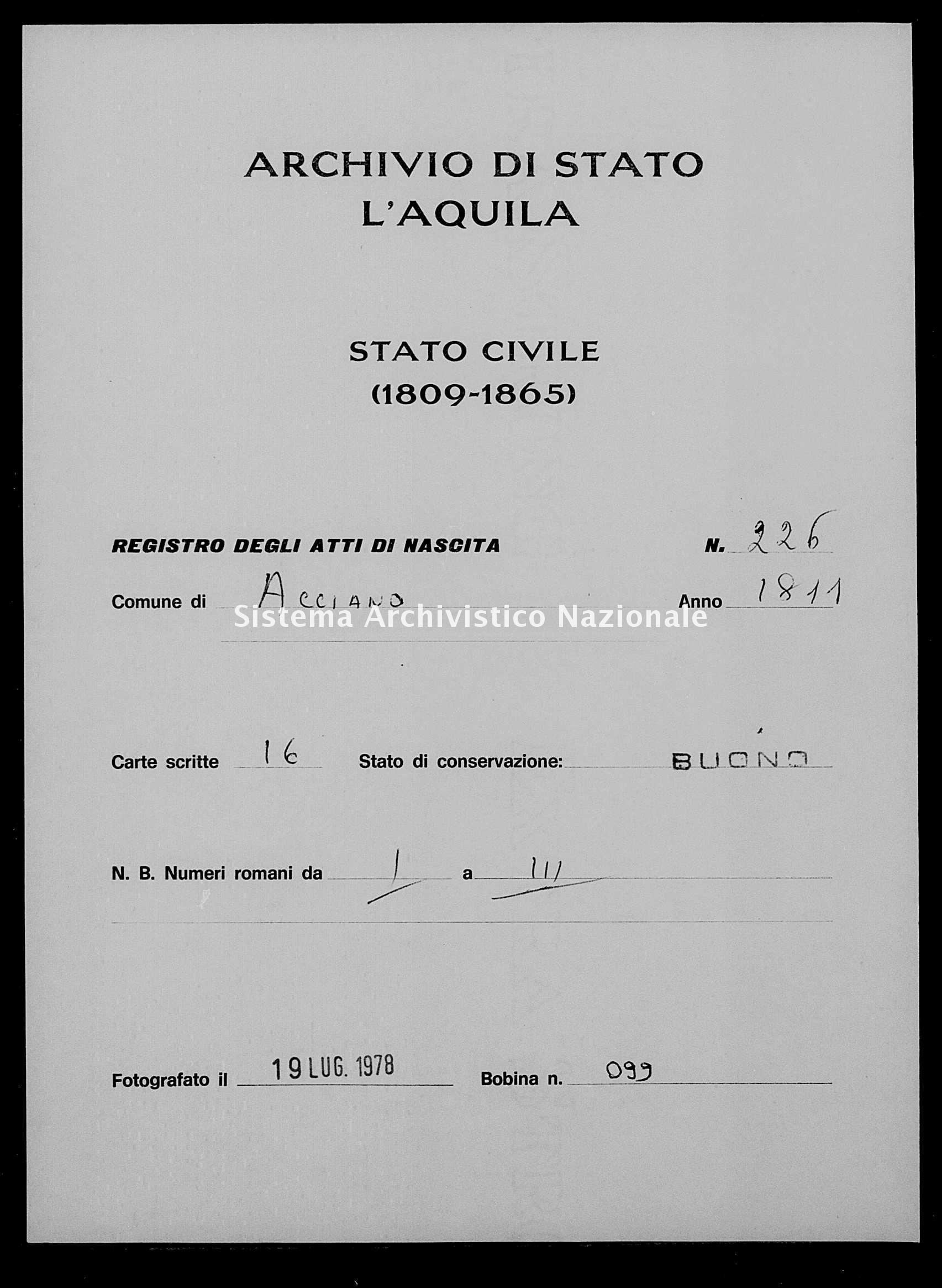 Archivio di stato di L'aquila - Stato civile napoleonico - Acciano - Nati - 1811 - 226 -