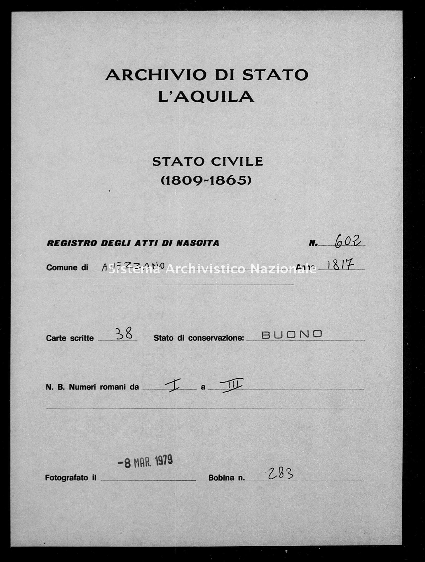 Archivio di stato di L'aquila - Stato civile della restaurazione - Avezzano - Nati - 1817 - 602 -