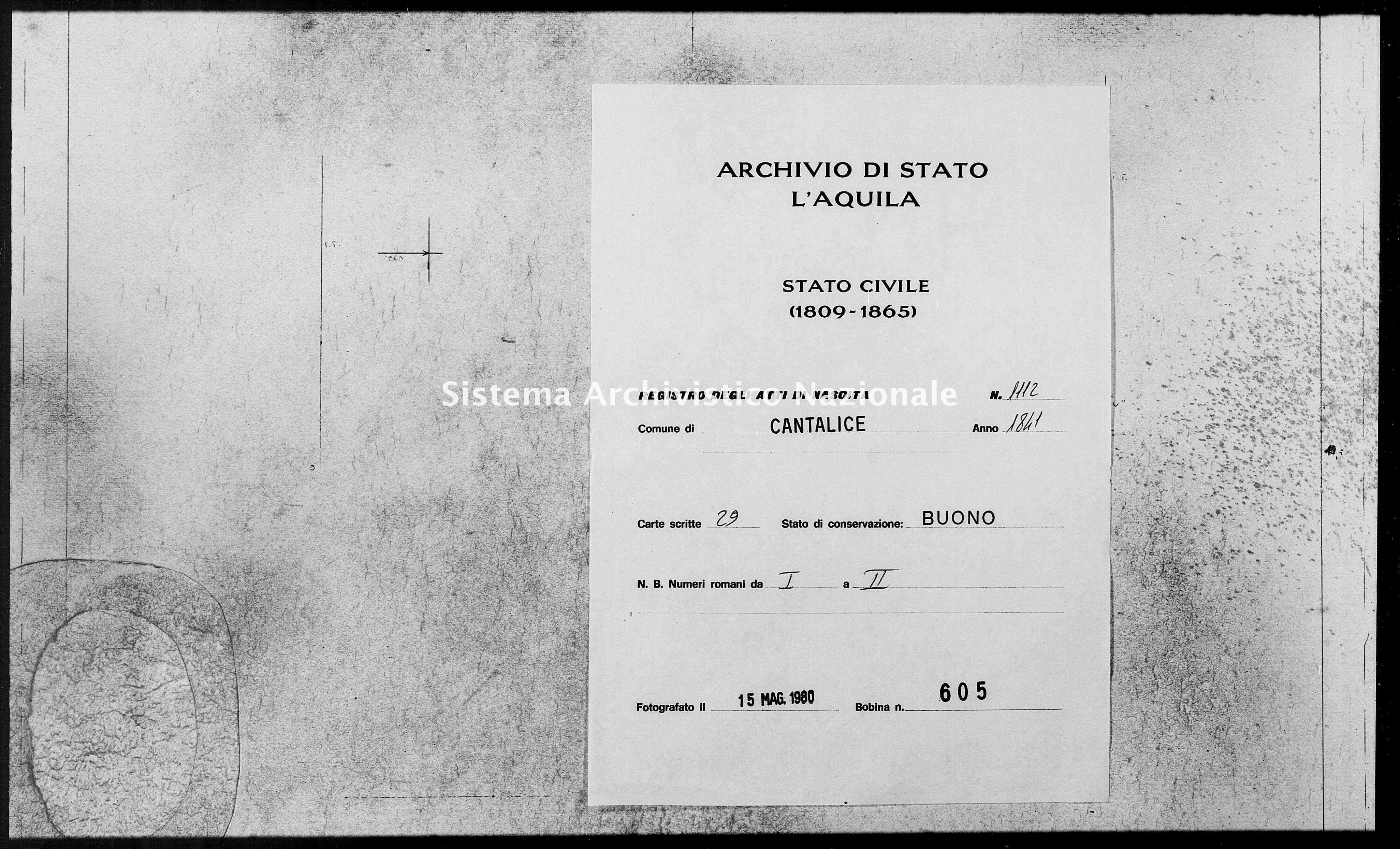 Archivio di stato di L'aquila - Stato civile della restaurazione - Cantalice - Nati - 1841 - 1112 -