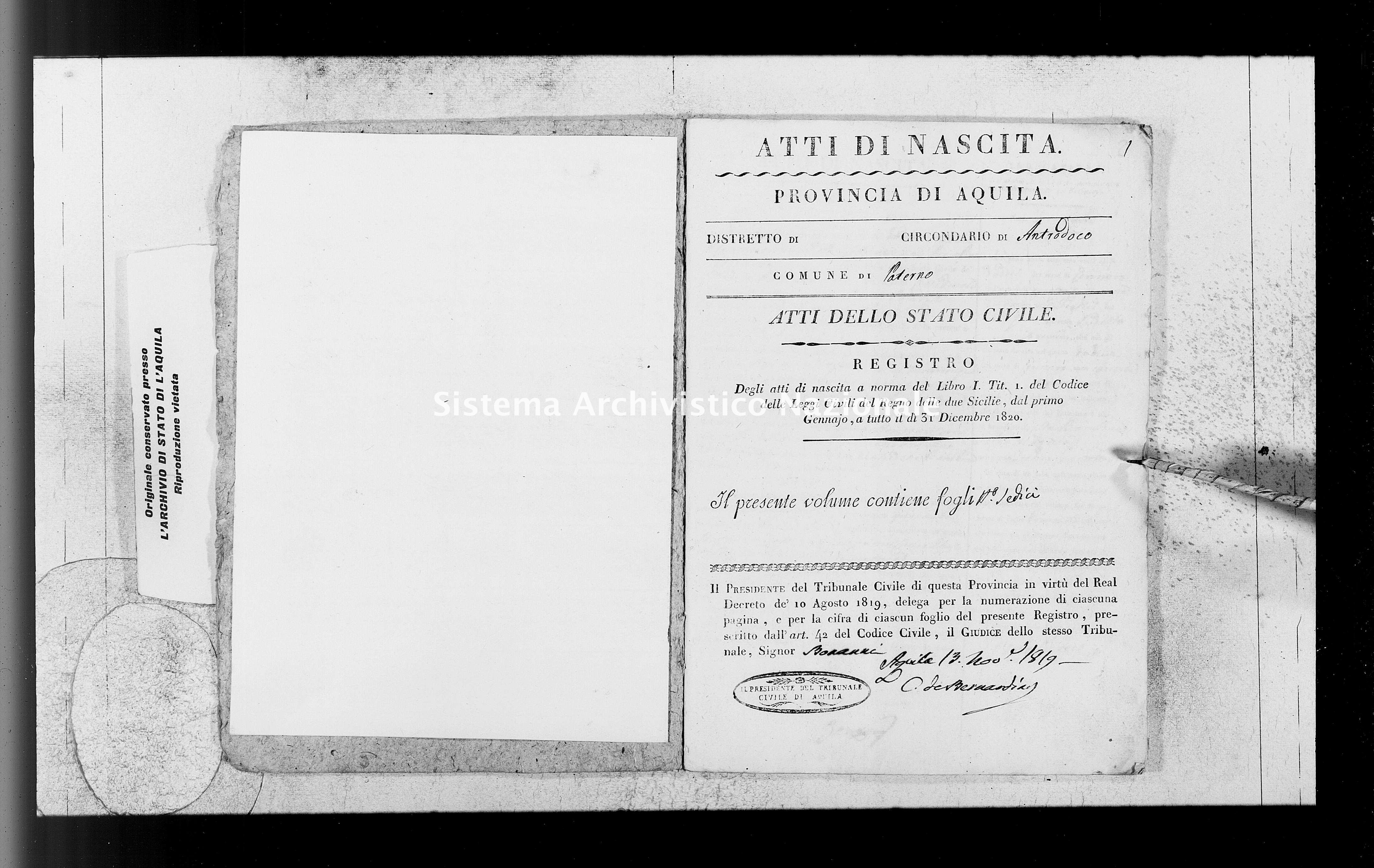 Archivio di stato di L'aquila - Stato civile della restaurazione - Paterno - Nati - 1820 - 1447 -