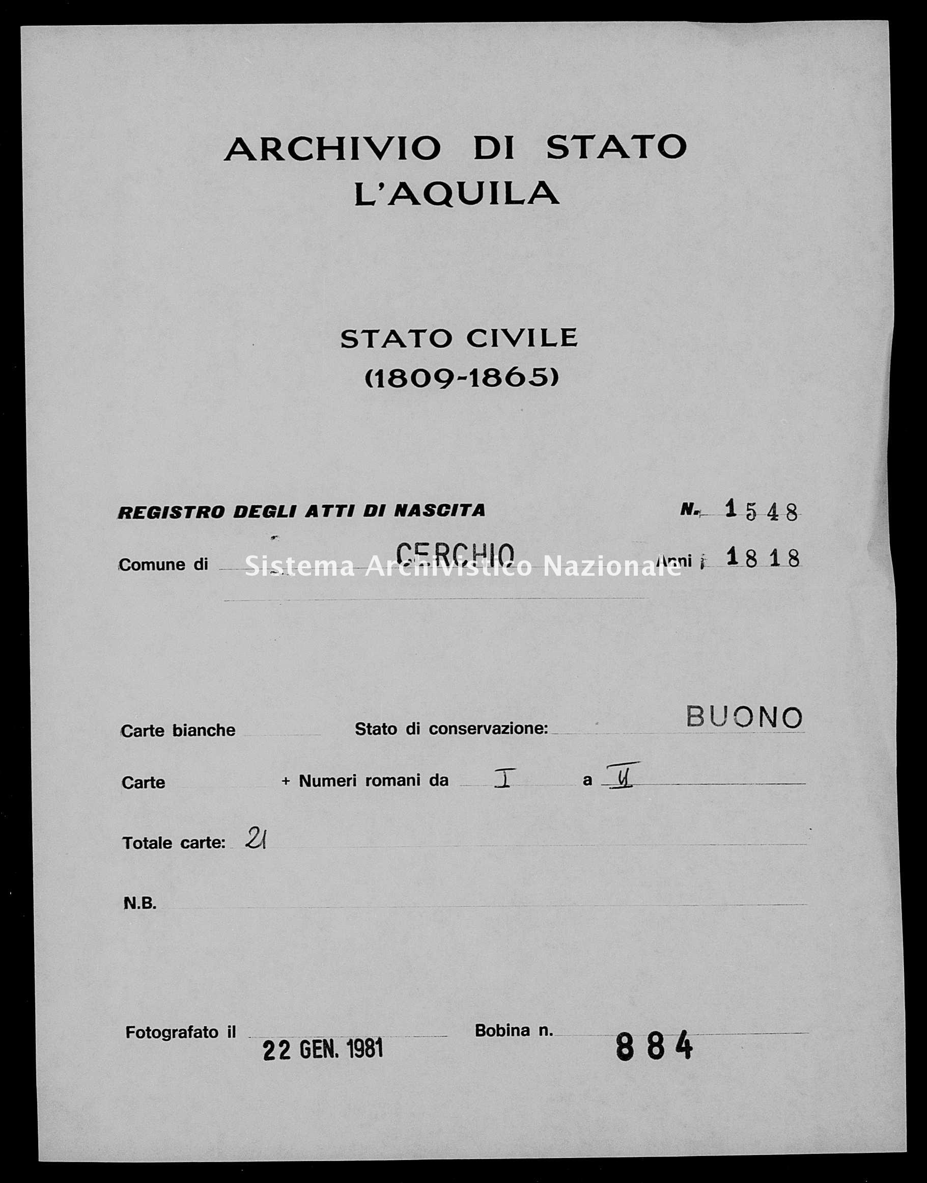 Archivio di stato di L'aquila - Stato civile della restaurazione - Cerchio - Nati - 1818 - 1548 -