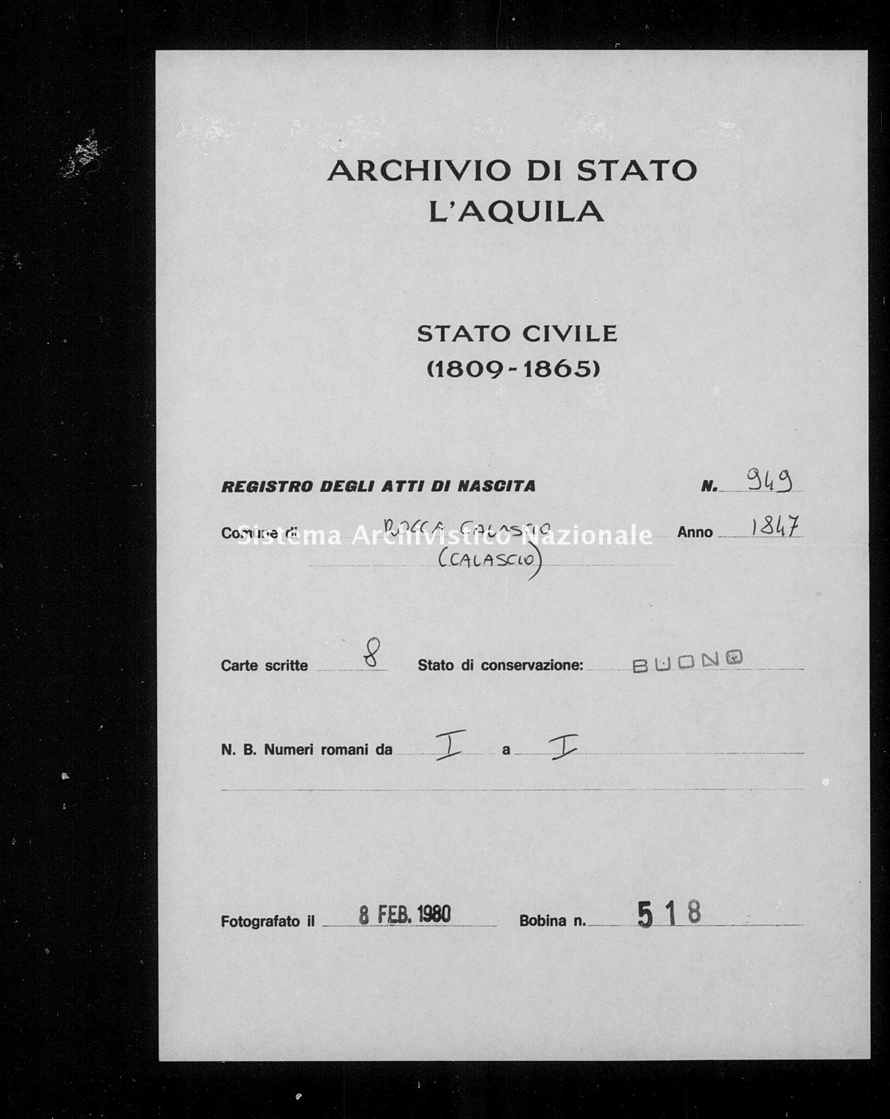 Archivio di stato di L'aquila - Stato civile della restaurazione - Rocca Calascio - Nati - 1847 - 949 -