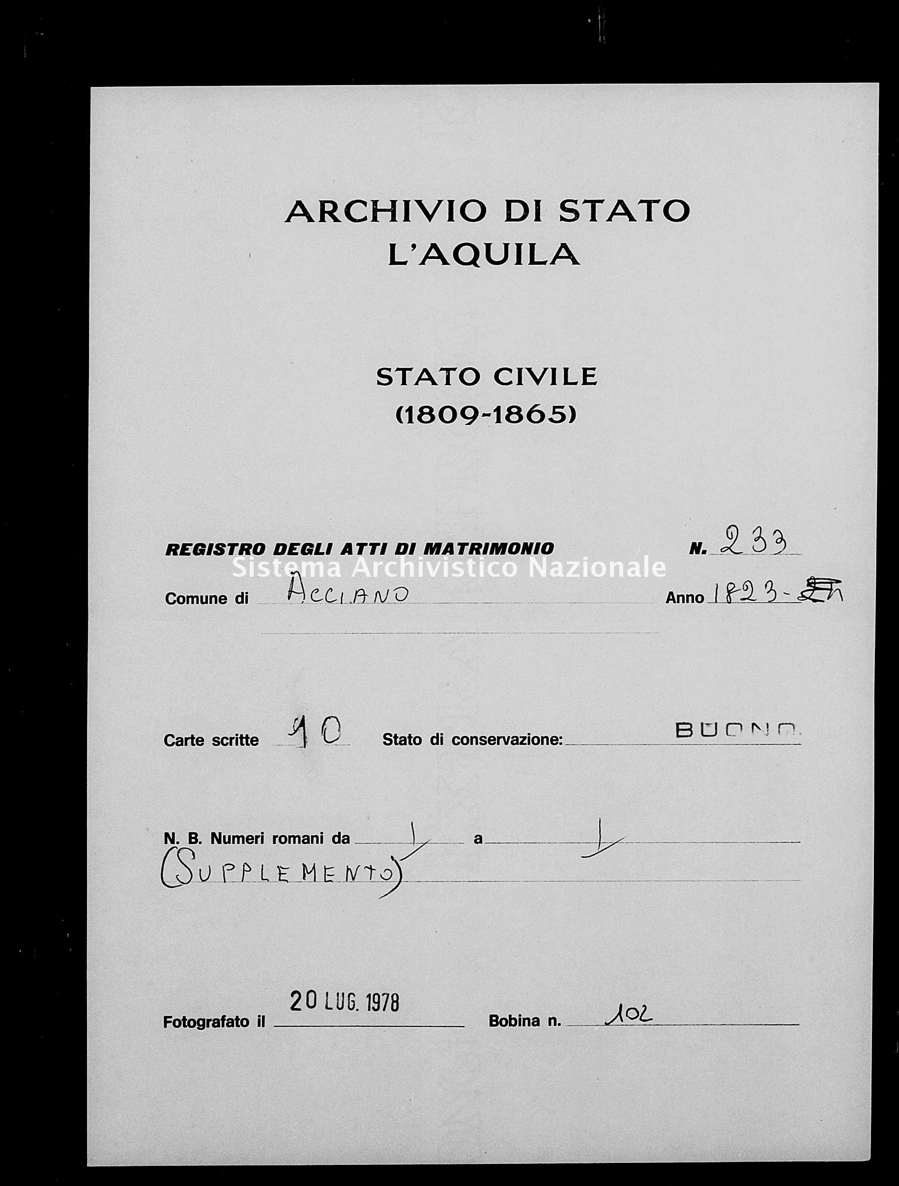 Archivio di stato di L'aquila - Stato civile della restaurazione - Acciano - Matrimoni - 1823 - 233 -