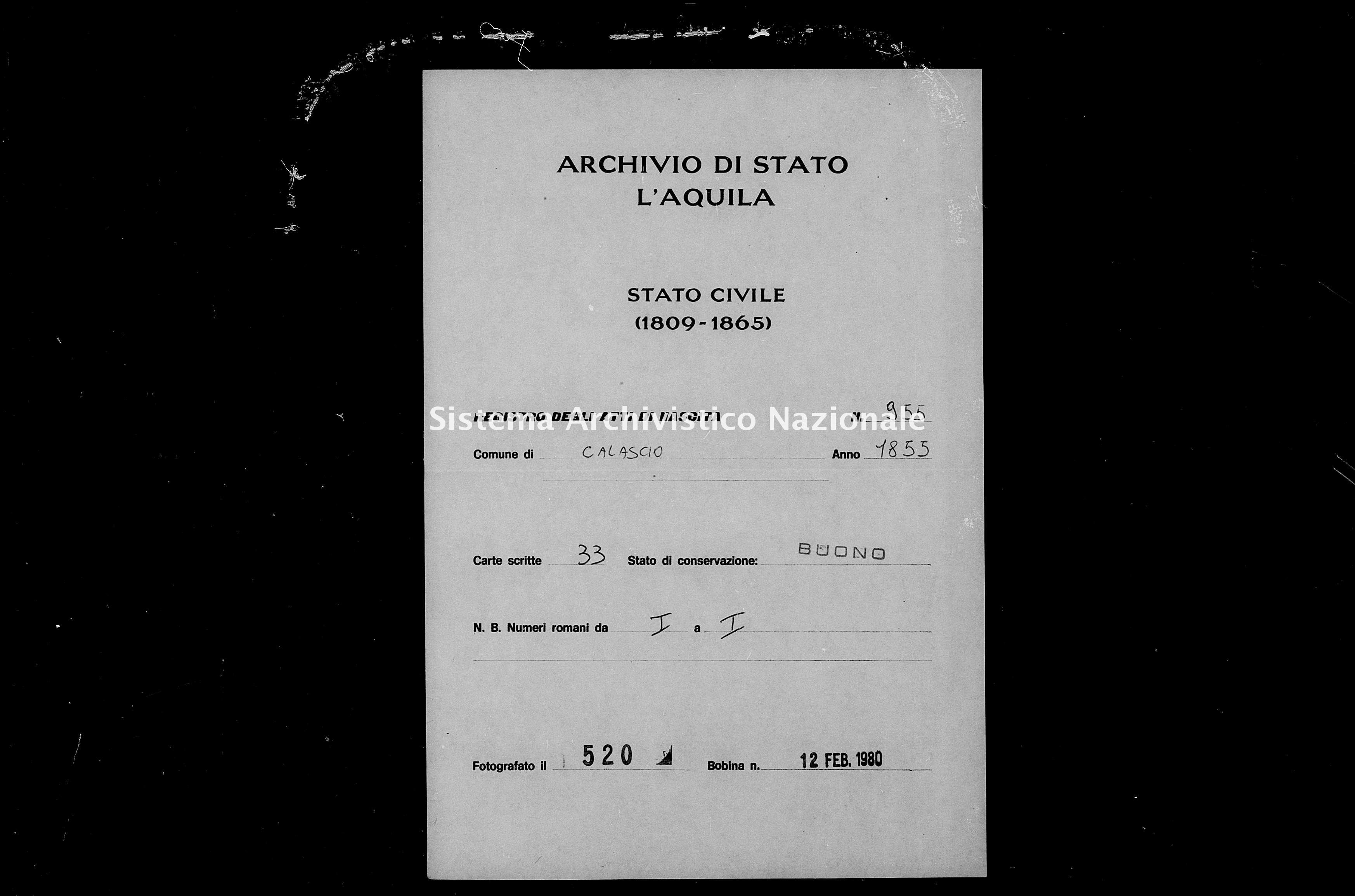 Archivio di stato di L'aquila - Stato civile della restaurazione - Calascio - Nati - 1855 - 955 -