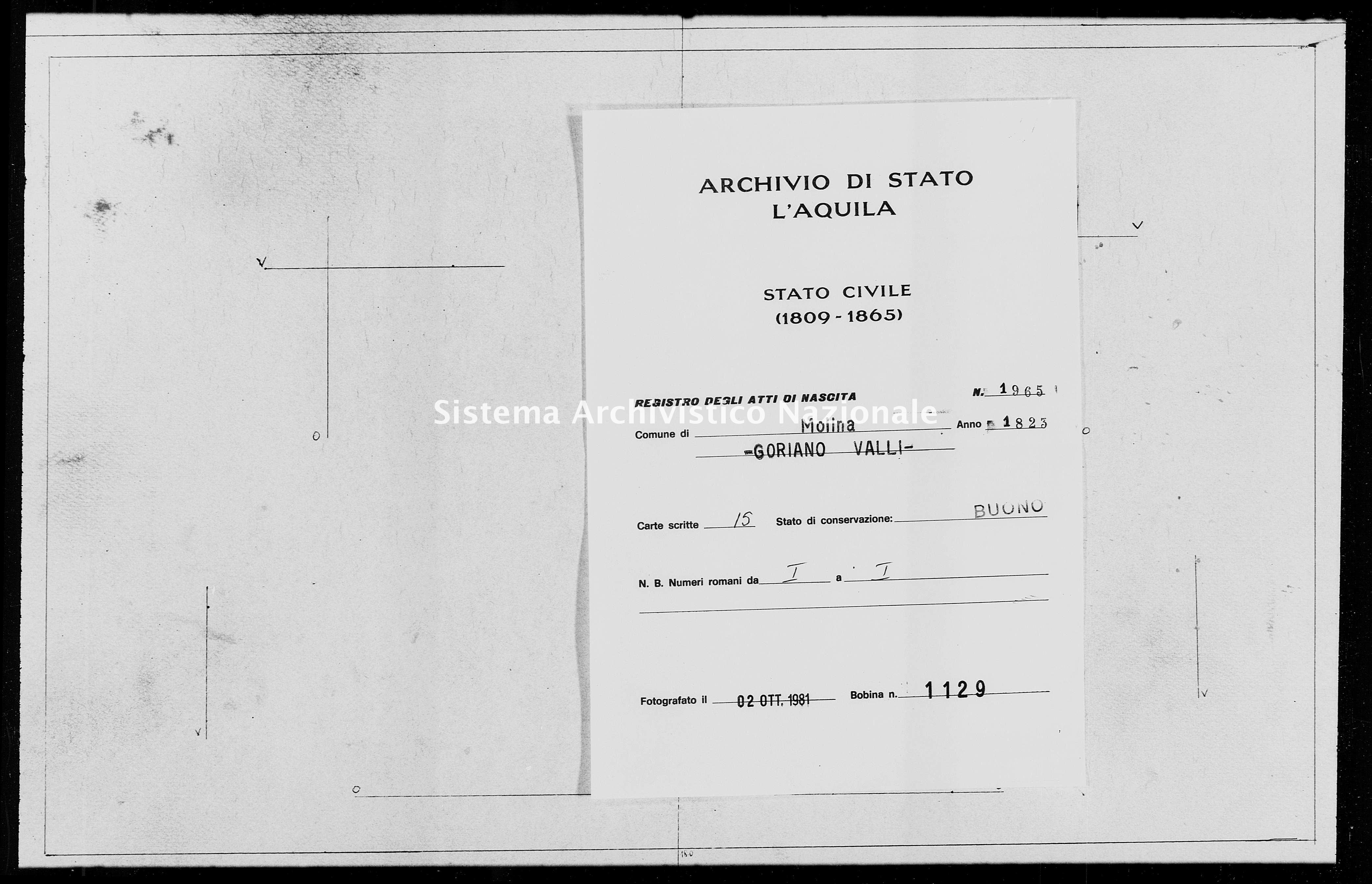 Archivio di stato di L'aquila - Stato civile della restaurazione - Molina Aterno - Nati - 1823 - 1965 -