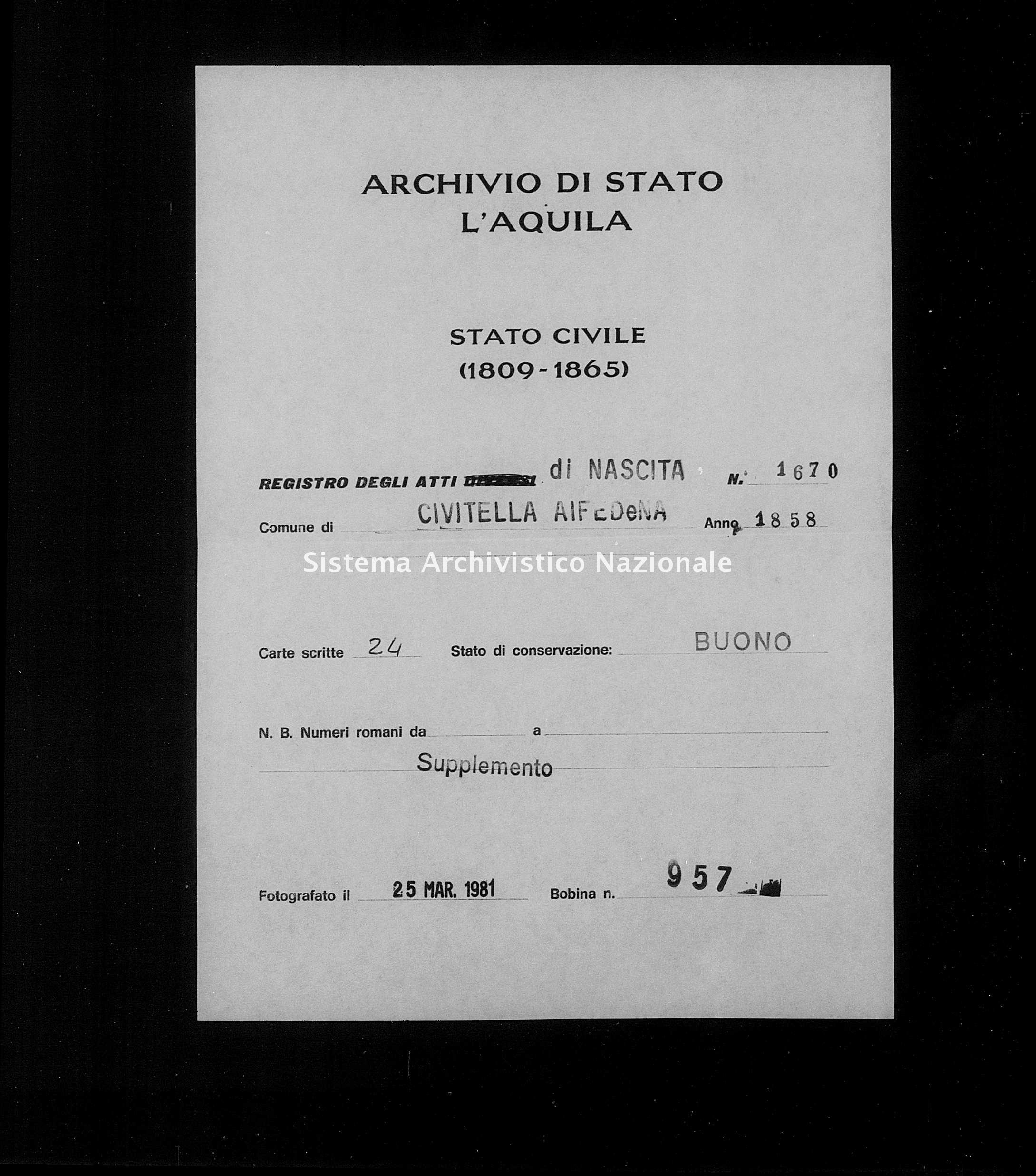 Archivio di stato di L'aquila - Stato civile della restaurazione - Civitella Alfedena - Nati, battesimi - 1858 - 1670 -