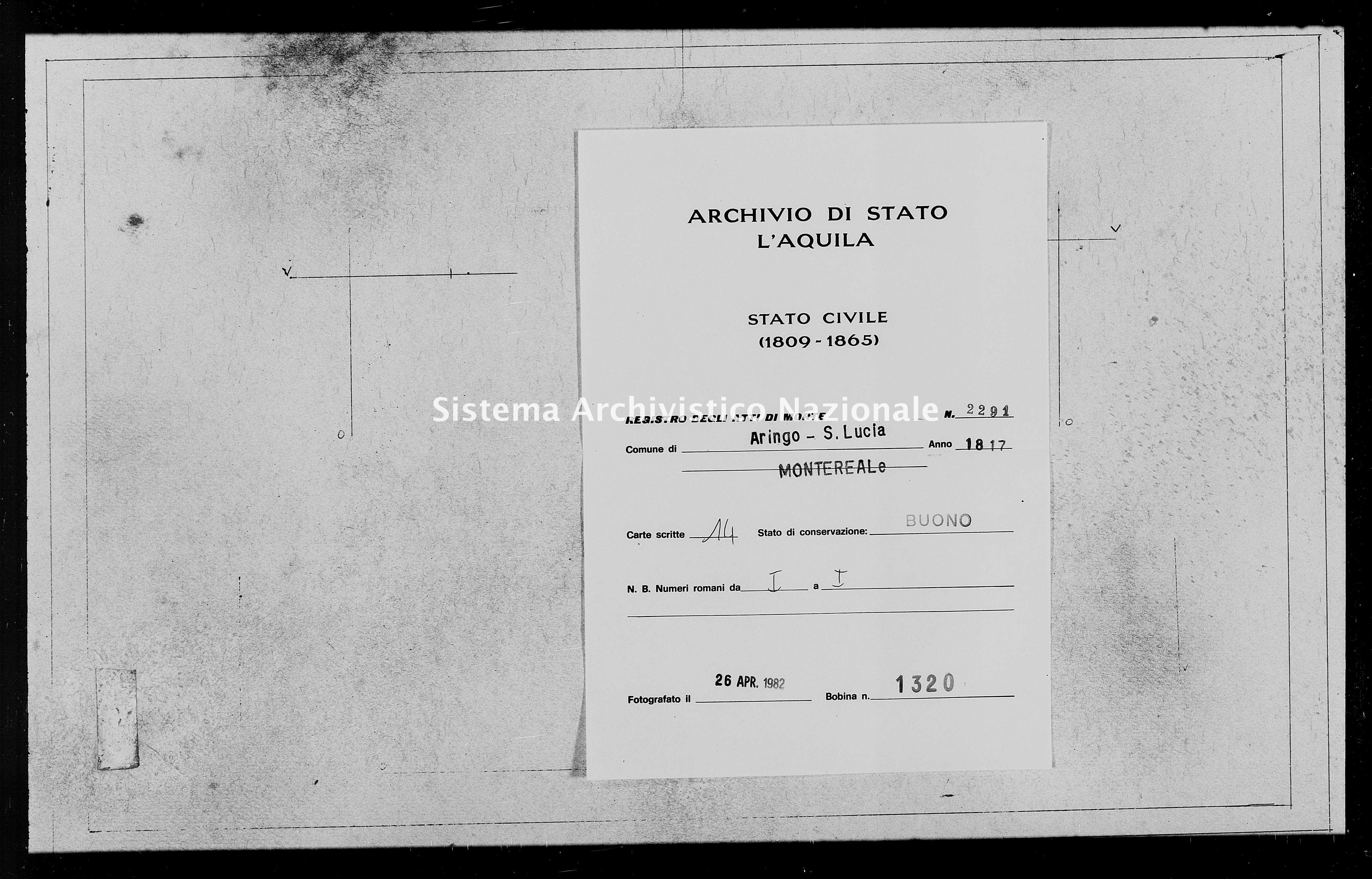Archivio di stato di L'aquila - Stato civile della restaurazione - Aringo-Santa Lucia - Morti - 1817 - 2291 -