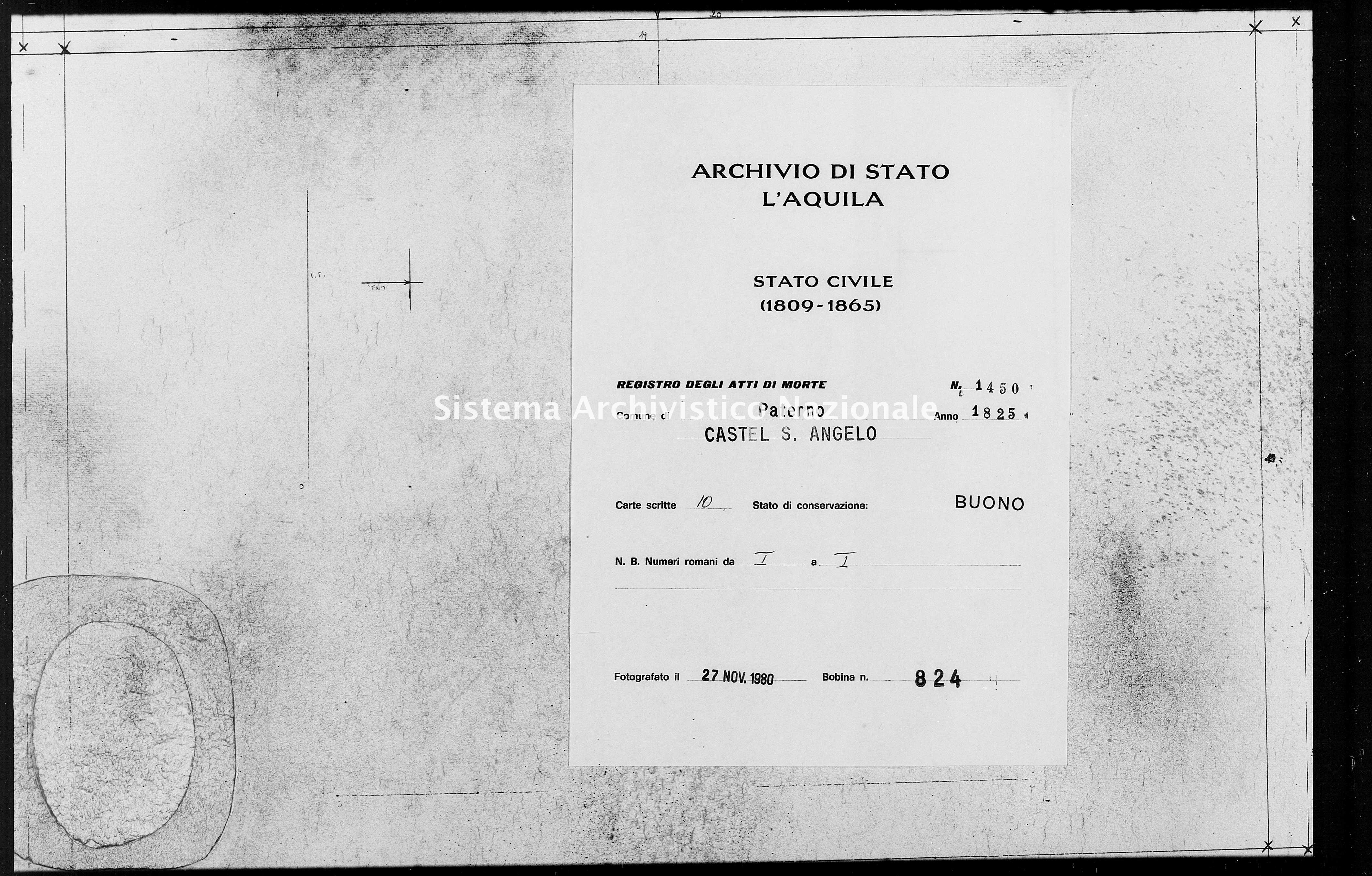 Archivio di stato di L'aquila - Stato civile della restaurazione - Paterno - Morti - 1825 - 1450 -