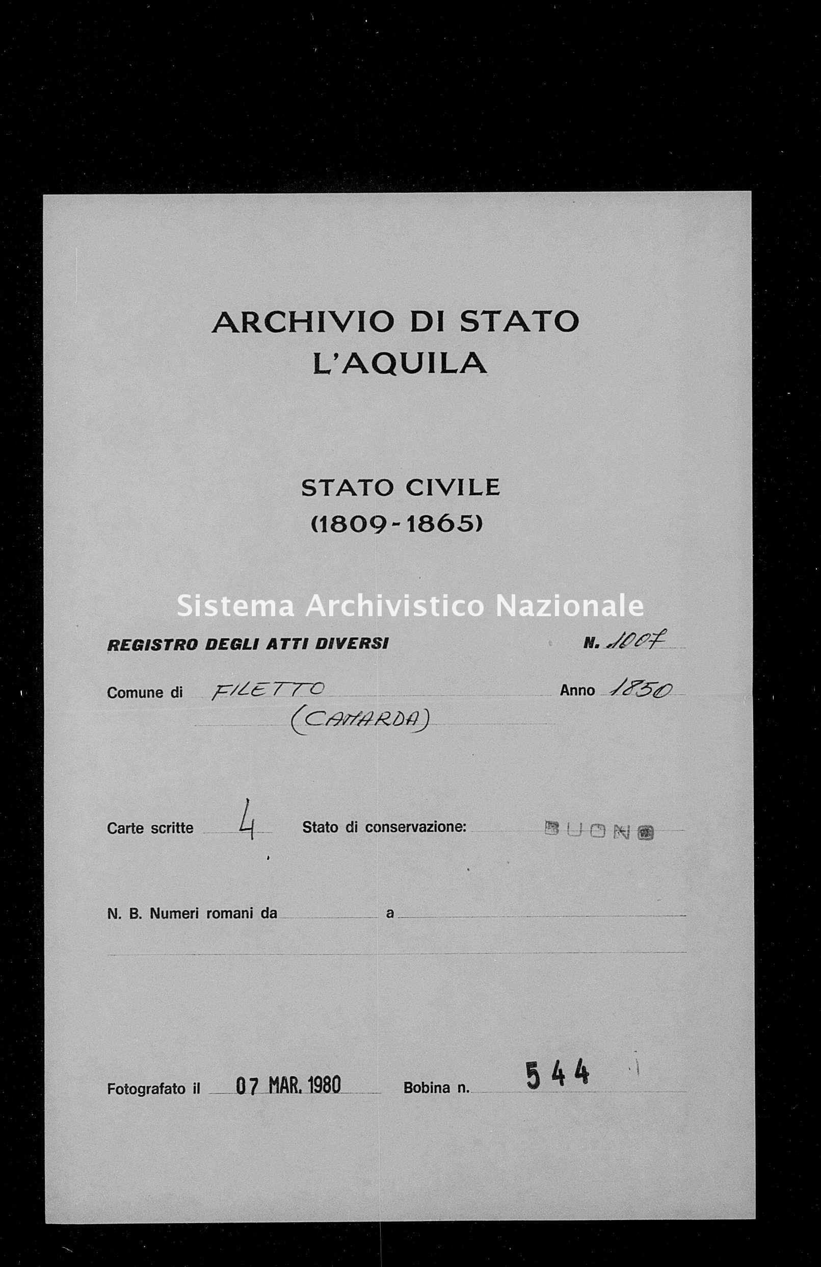 Archivio di stato di L'aquila - Stato civile della restaurazione - Filetto - Diversi - 1850 - 1007 -