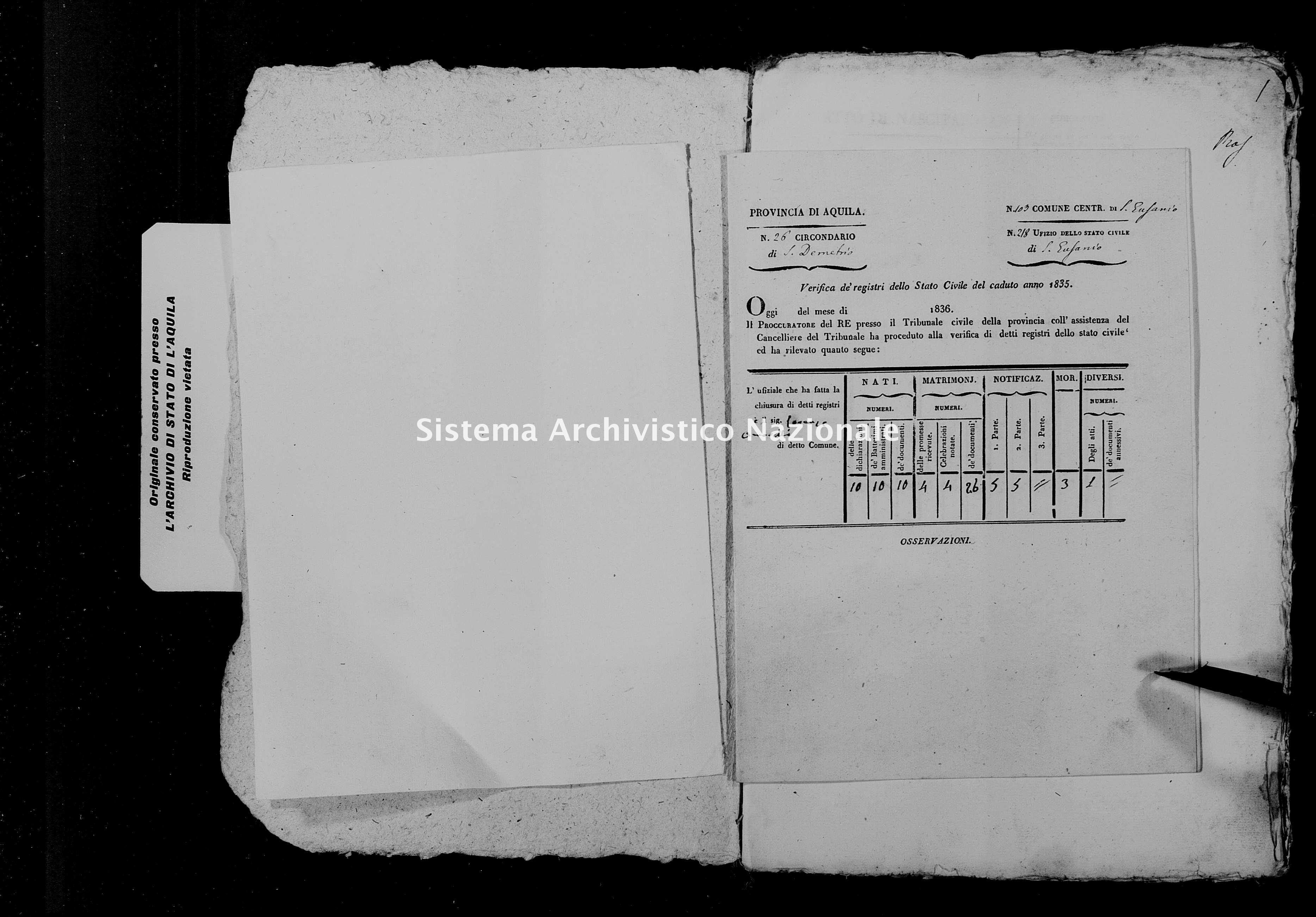 Archivio di stato di L'aquila - Stato civile della restaurazione - Sant'Eusanio Forconese - Inventario - 1835 - 3484 -