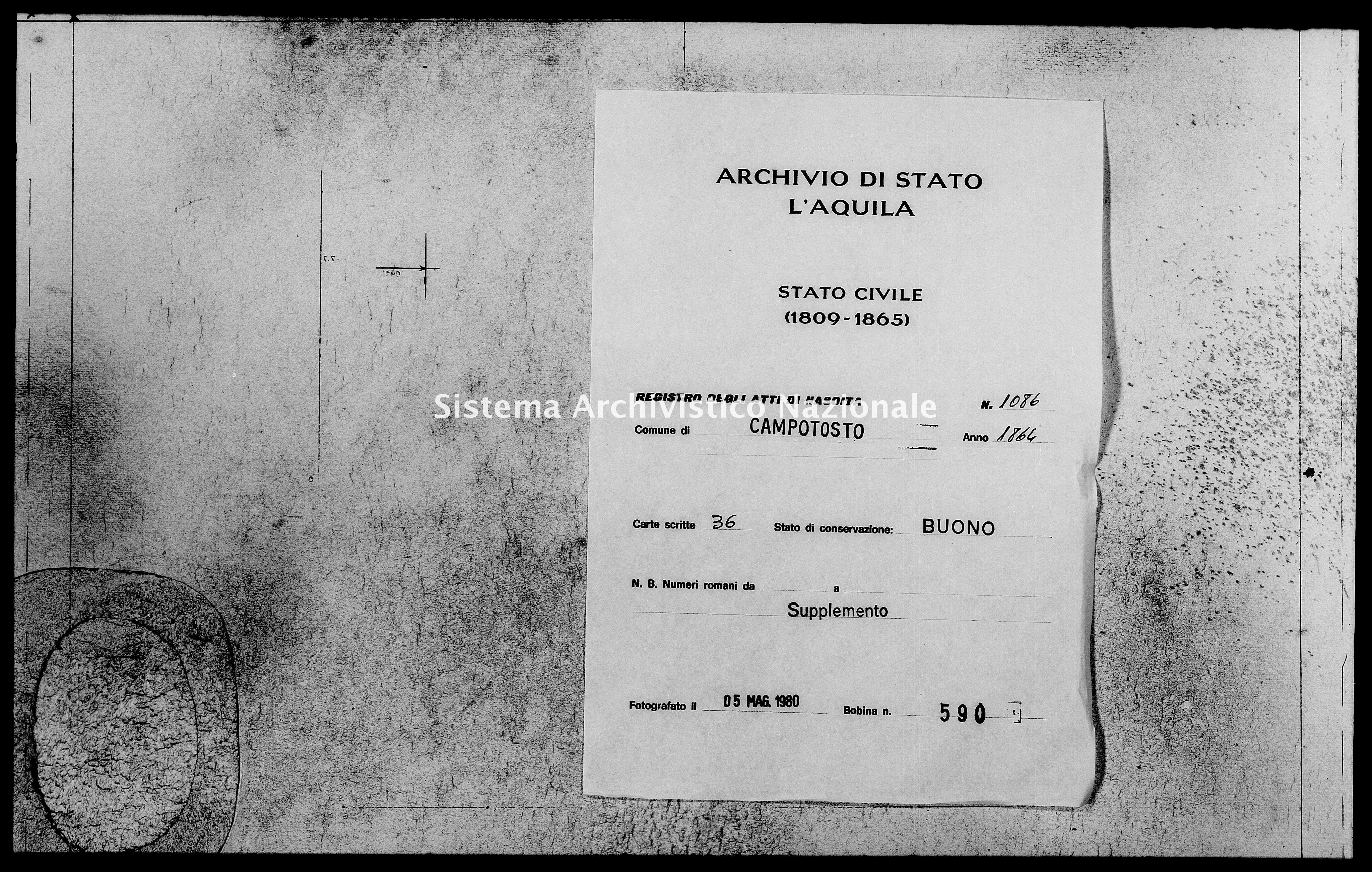 Archivio di stato di L'aquila - Stato civile italiano - Campotosto - Nati, battesimi - 1864 - 1086 -