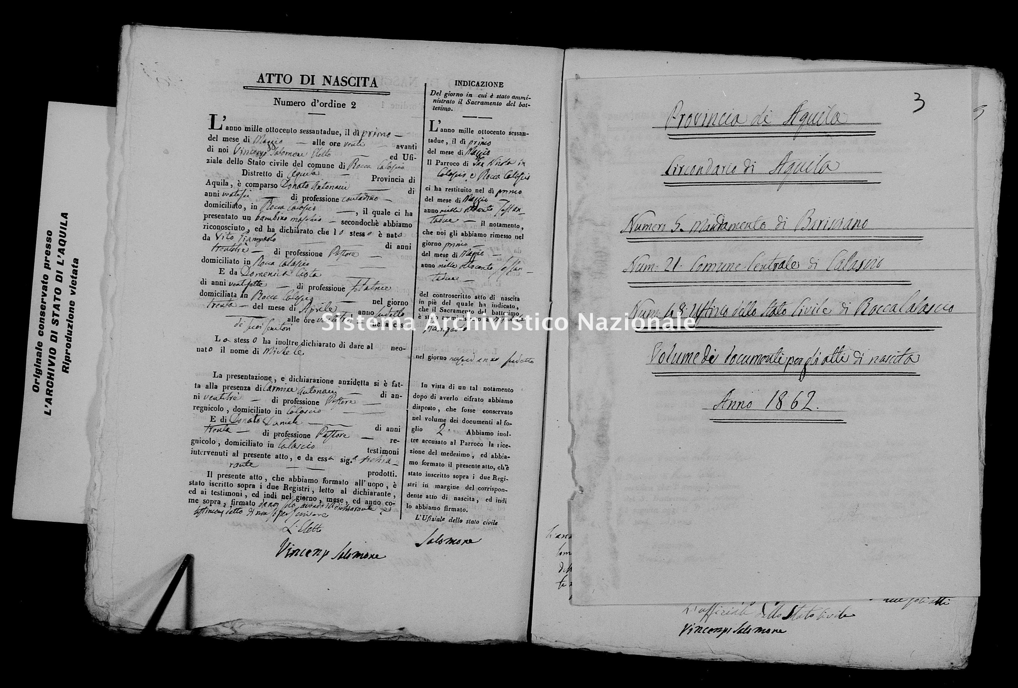 Archivio di stato di L'aquila - Stato civile italiano - Rocca Calascio - Nati, battesimi - 1862 - 958 -
