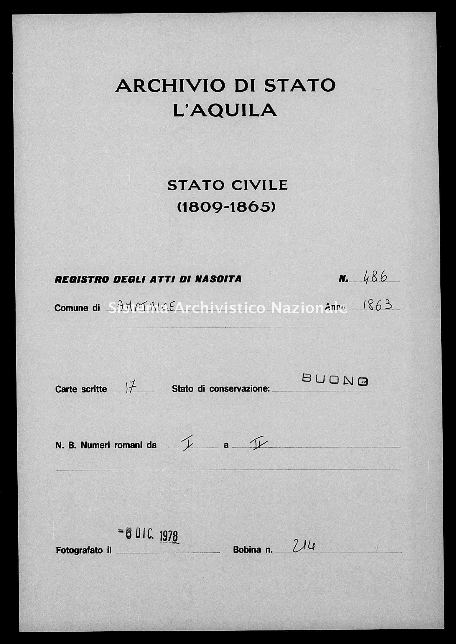 Archivio di stato di L'aquila - Stato civile italiano - Amatrice - Nati - 1863 - 486 -