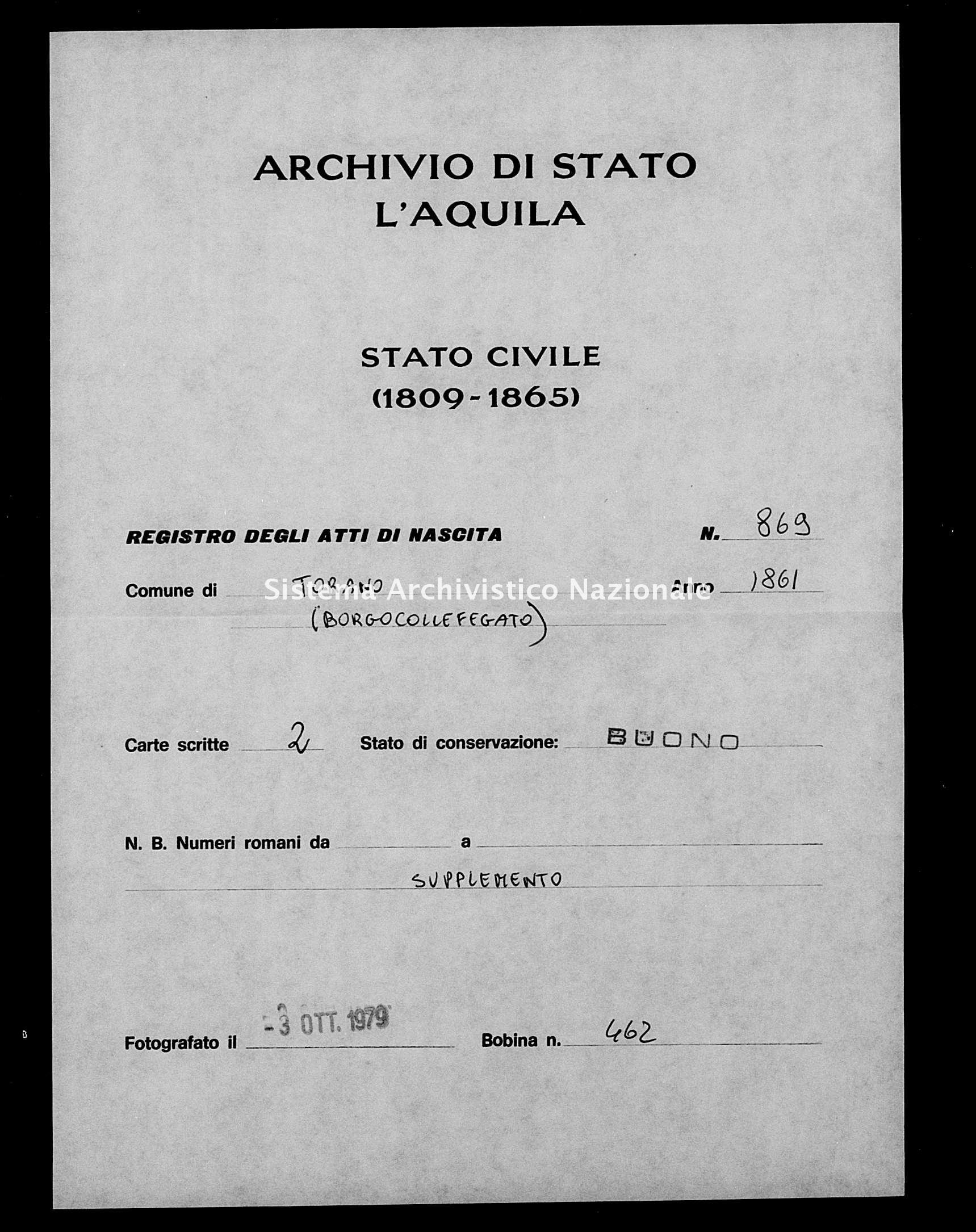 Archivio di stato di L'aquila - Stato civile italiano - Torano - Nati, esposti - 1861 - 869 -