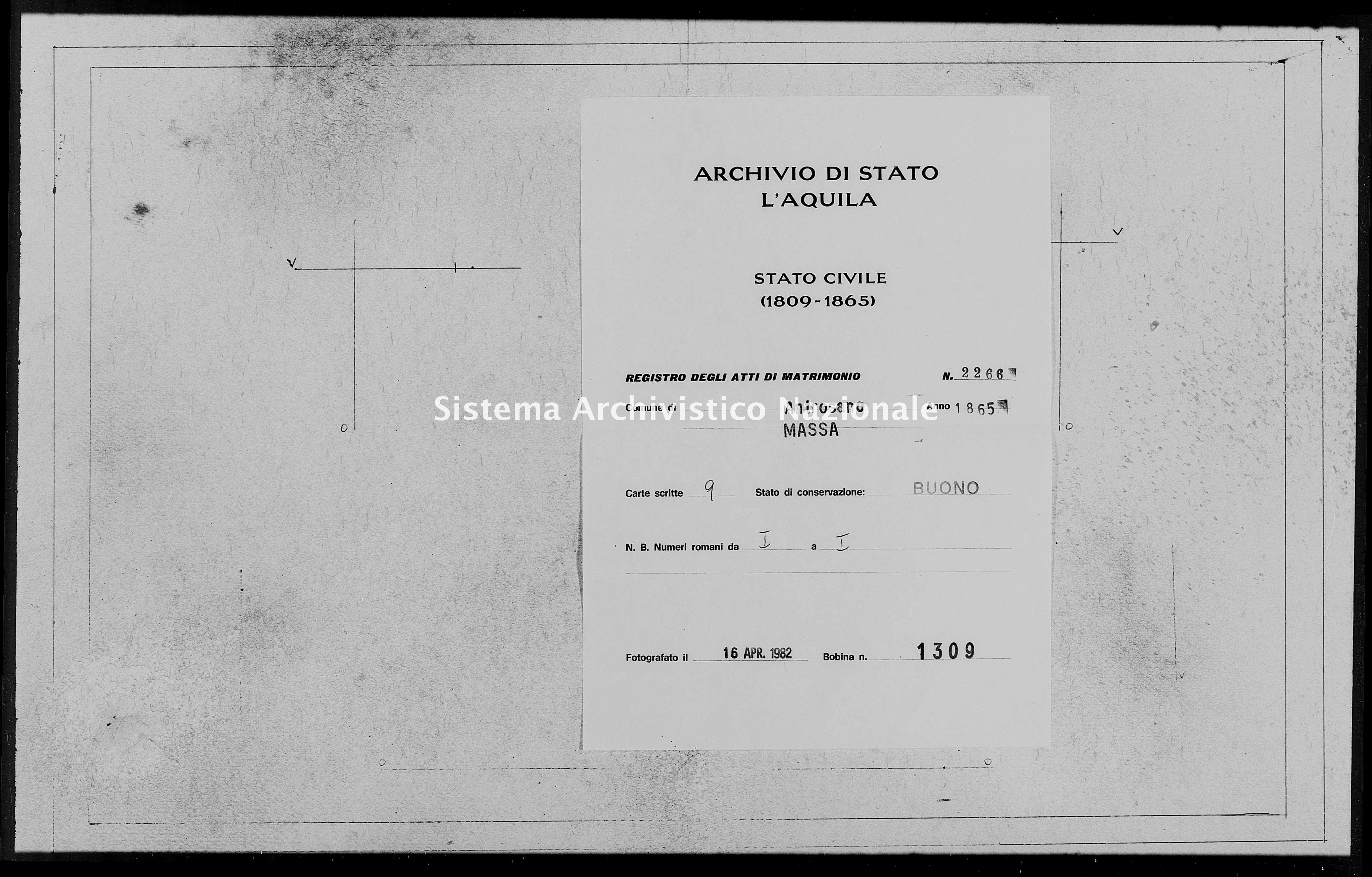 Archivio di stato di L'aquila - Stato civile italiano - Antrosano - Matrimoni - 1865 - 2266 -