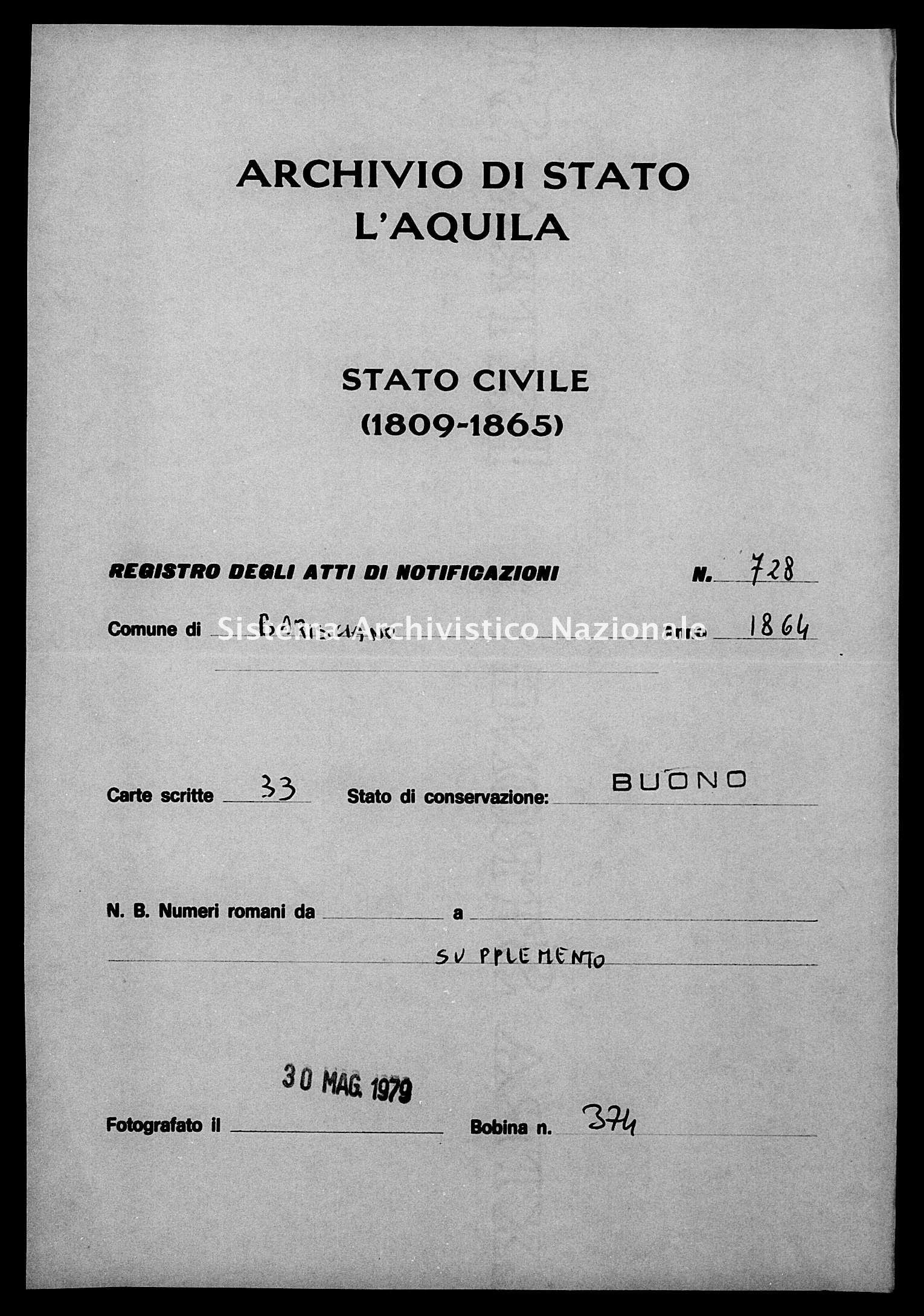 Archivio di stato di L'aquila - Stato civile italiano - Barisciano - Matrimoni, notificazioni - 1864 - 728 -