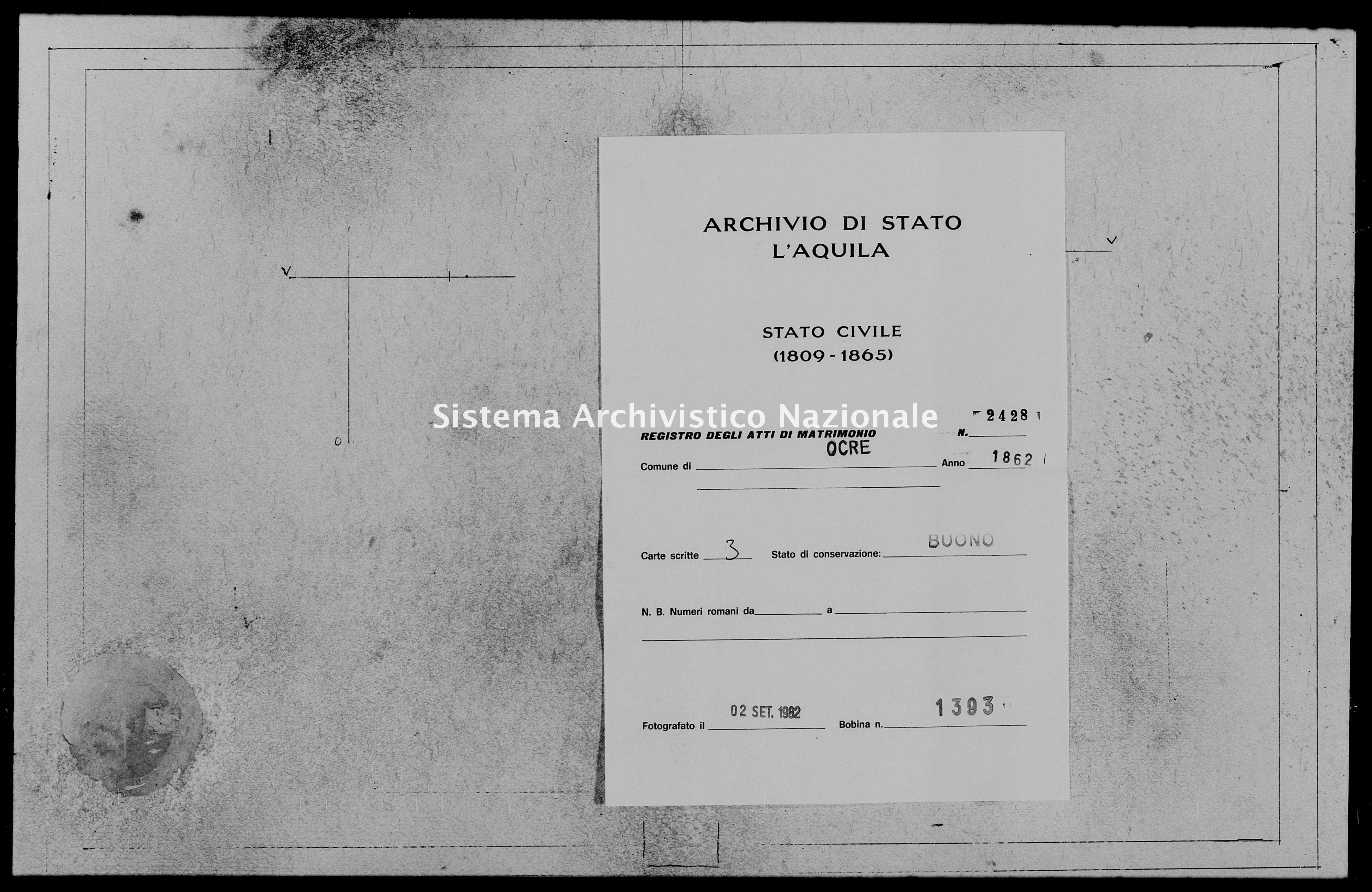 Archivio di stato di L'aquila - Stato civile italiano - Ocre - Matrimoni - 1862 - 2428 -