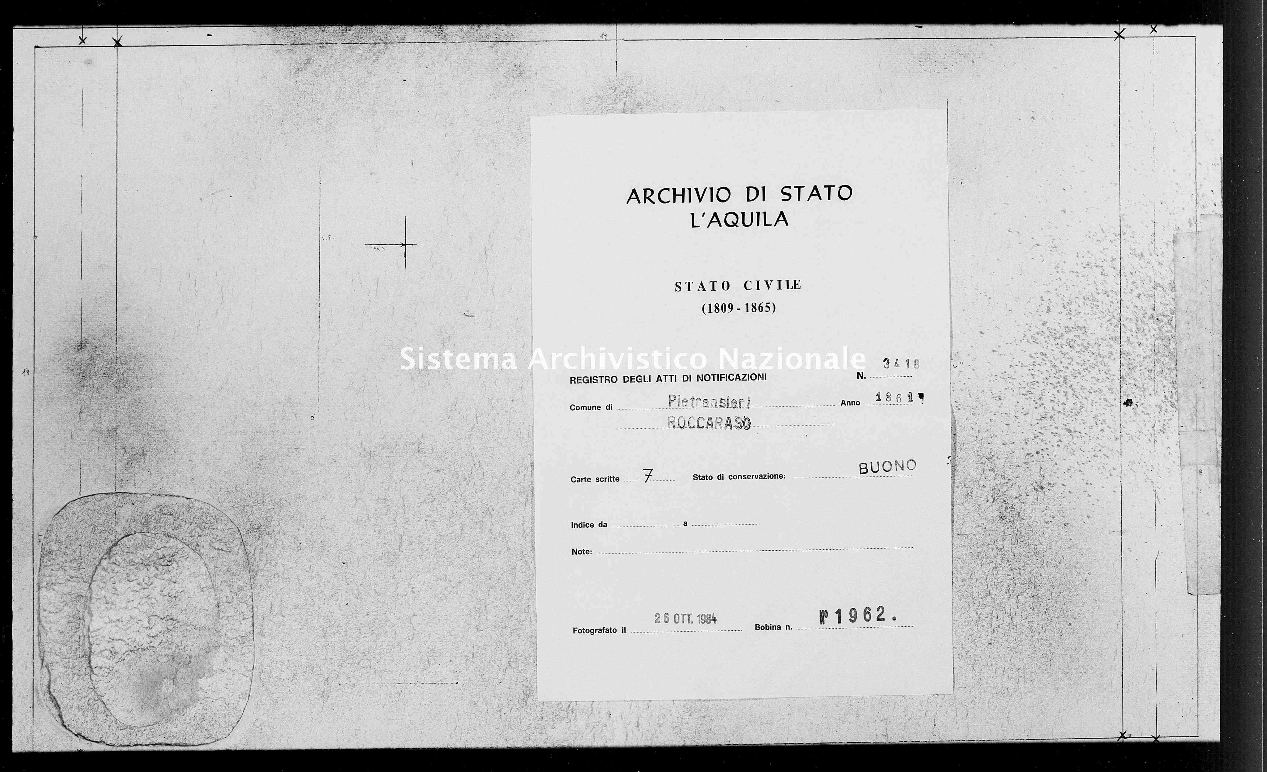 Archivio di stato di L'aquila - Stato civile italiano - Pietransieri - Matrimoni, memorandum notificazioni ed opposizioni - 1861 - 3418 -