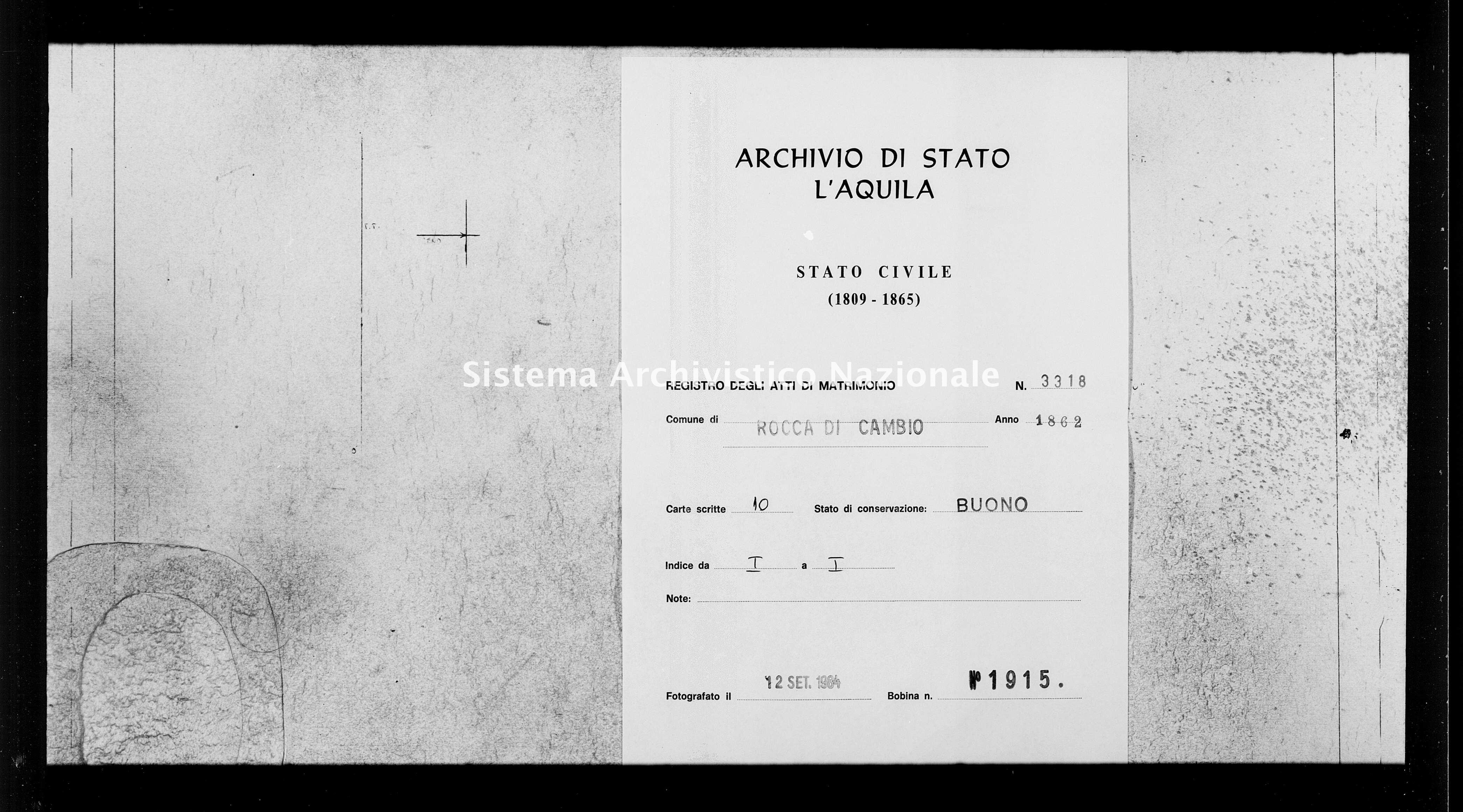 Archivio di stato di L'aquila - Stato civile italiano - Rocca di Cambio - Matrimoni - 1862 - 3318 -