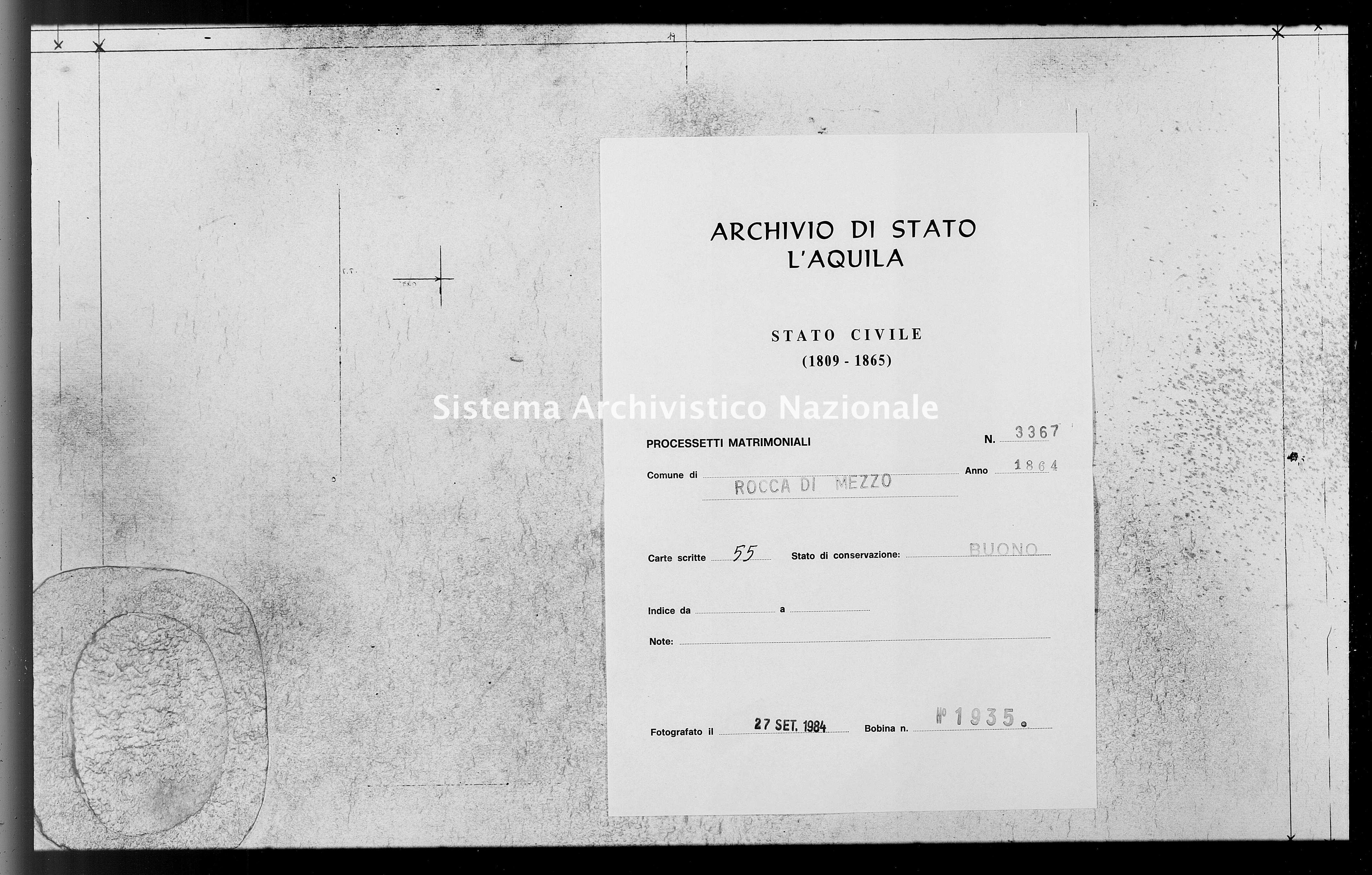 Archivio di stato di L'aquila - Stato civile italiano - Rocca di Mezzo - Matrimoni, processetti - 1864 - 3367 -