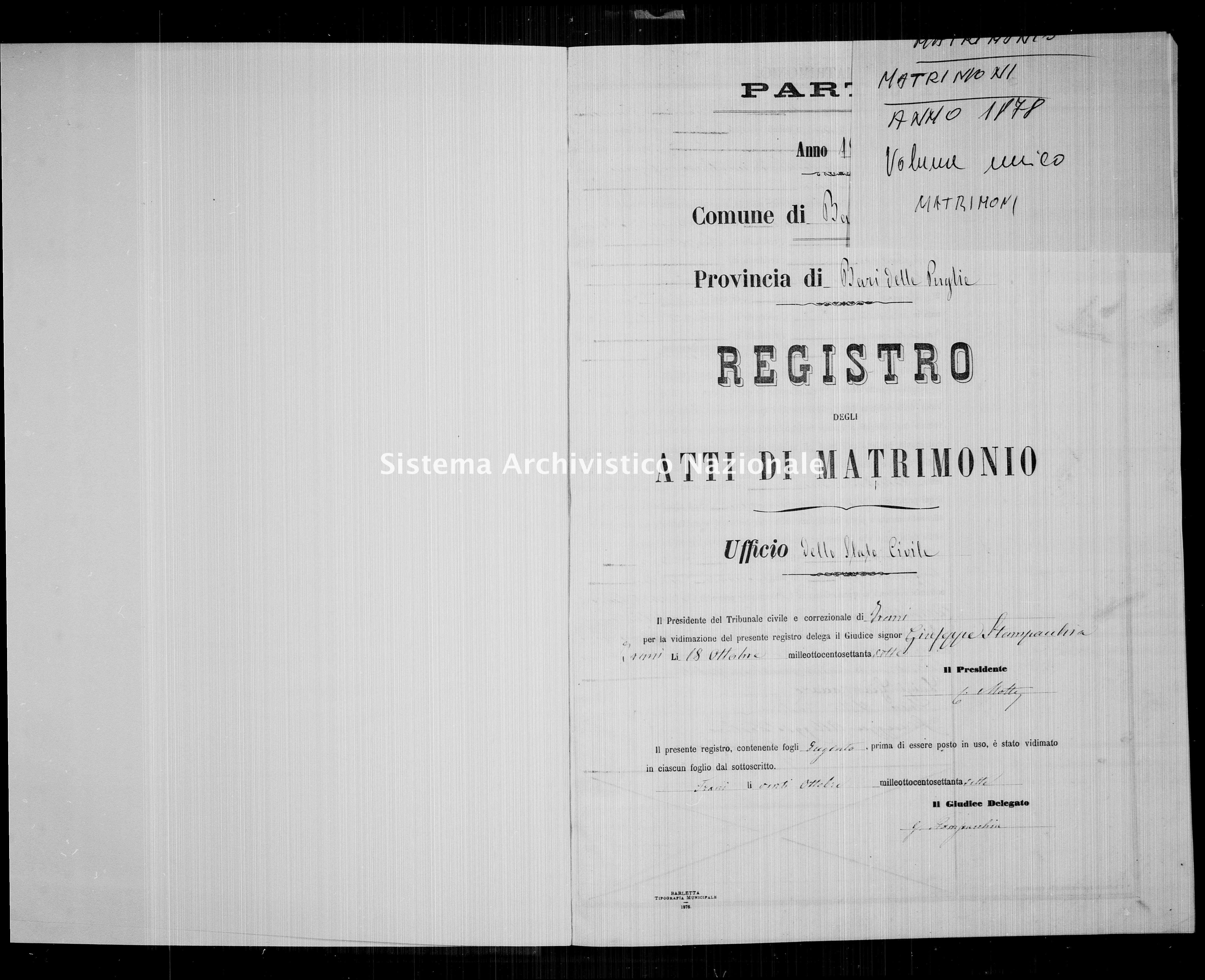 Archivio di stato di Bari - Stato civile italiano - Barletta - Matrimoni - 1878 -