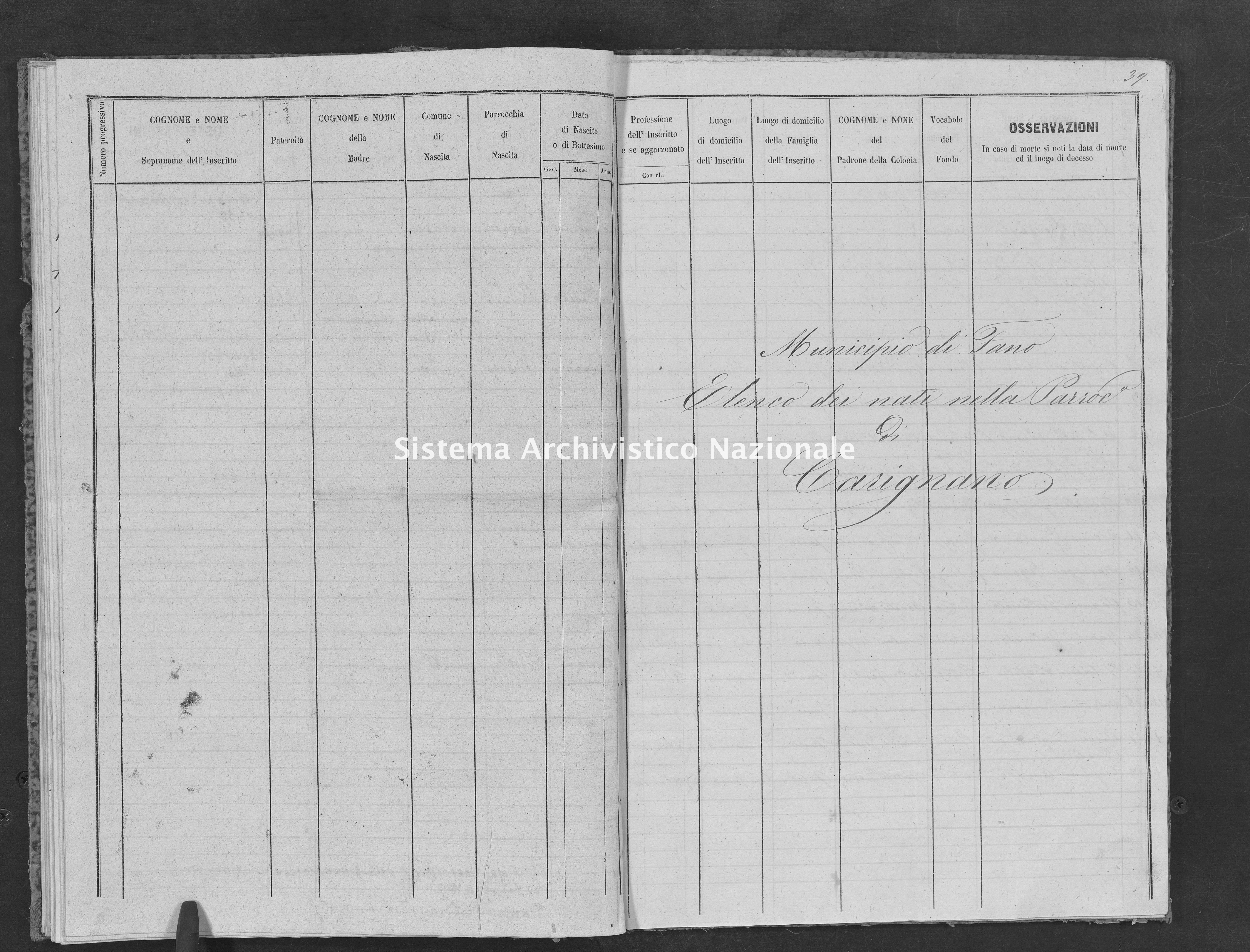 Archivio di stato di Fano - Stato civile della restaurazione - Carignano - Nati, battesimi (maschi) - 1853 - 107 -