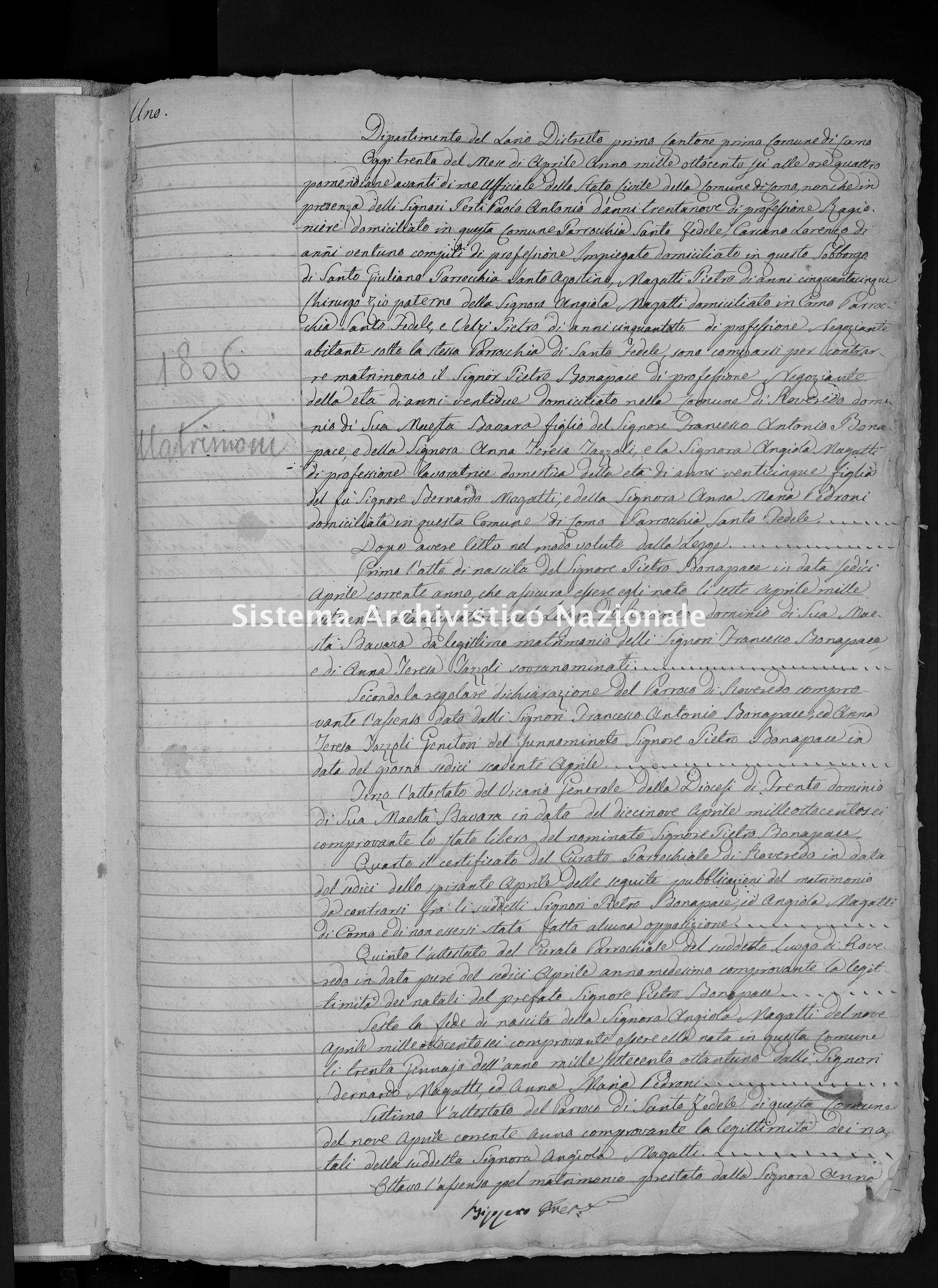 Archivio di stato di Como - Stato civile napoleonico - Como - Matrimoni - 1806 - 861 -