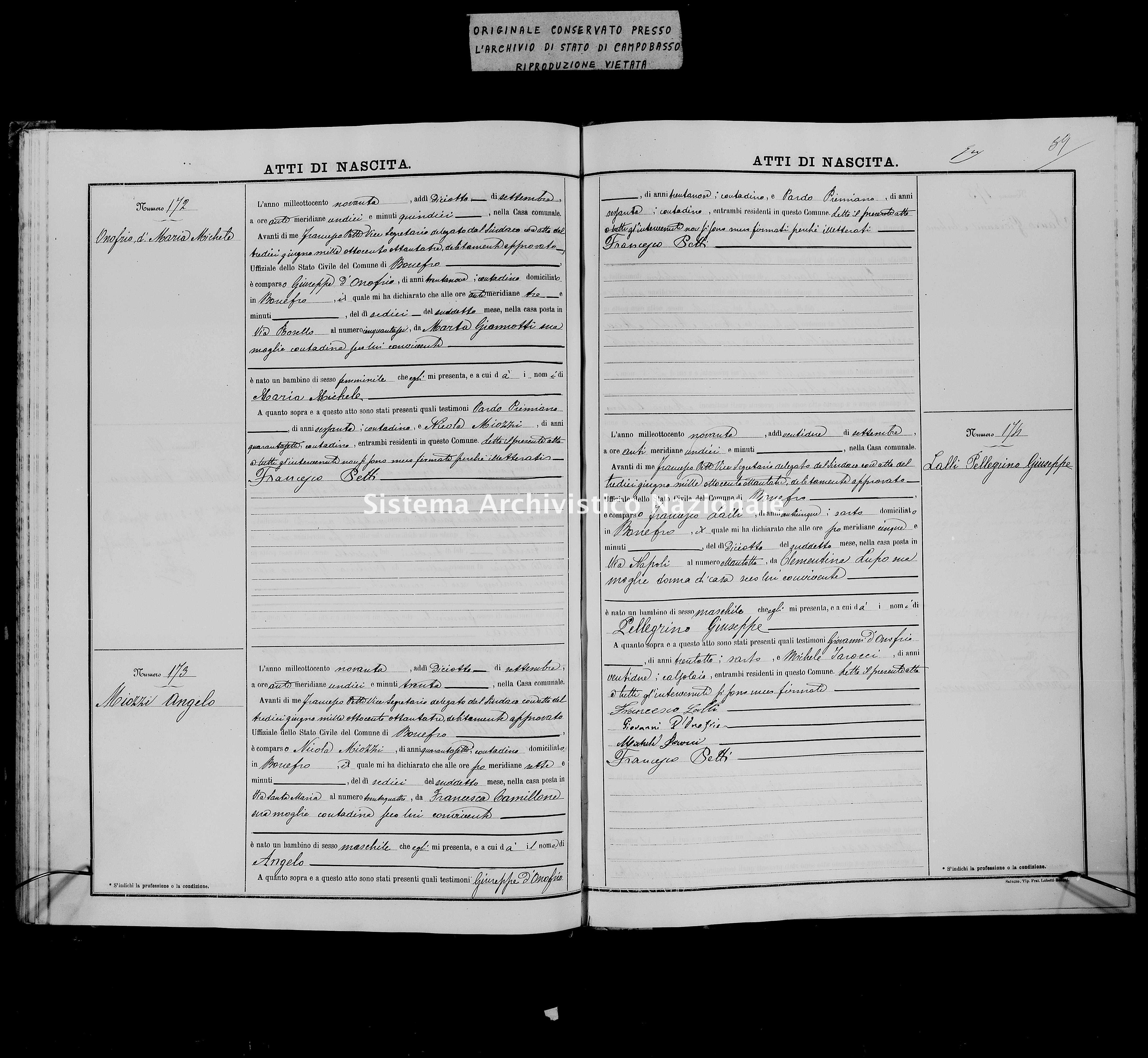 Archivio di stato di Campobasso - Stato civile italiano - Bonefro - Nati - 1890 -