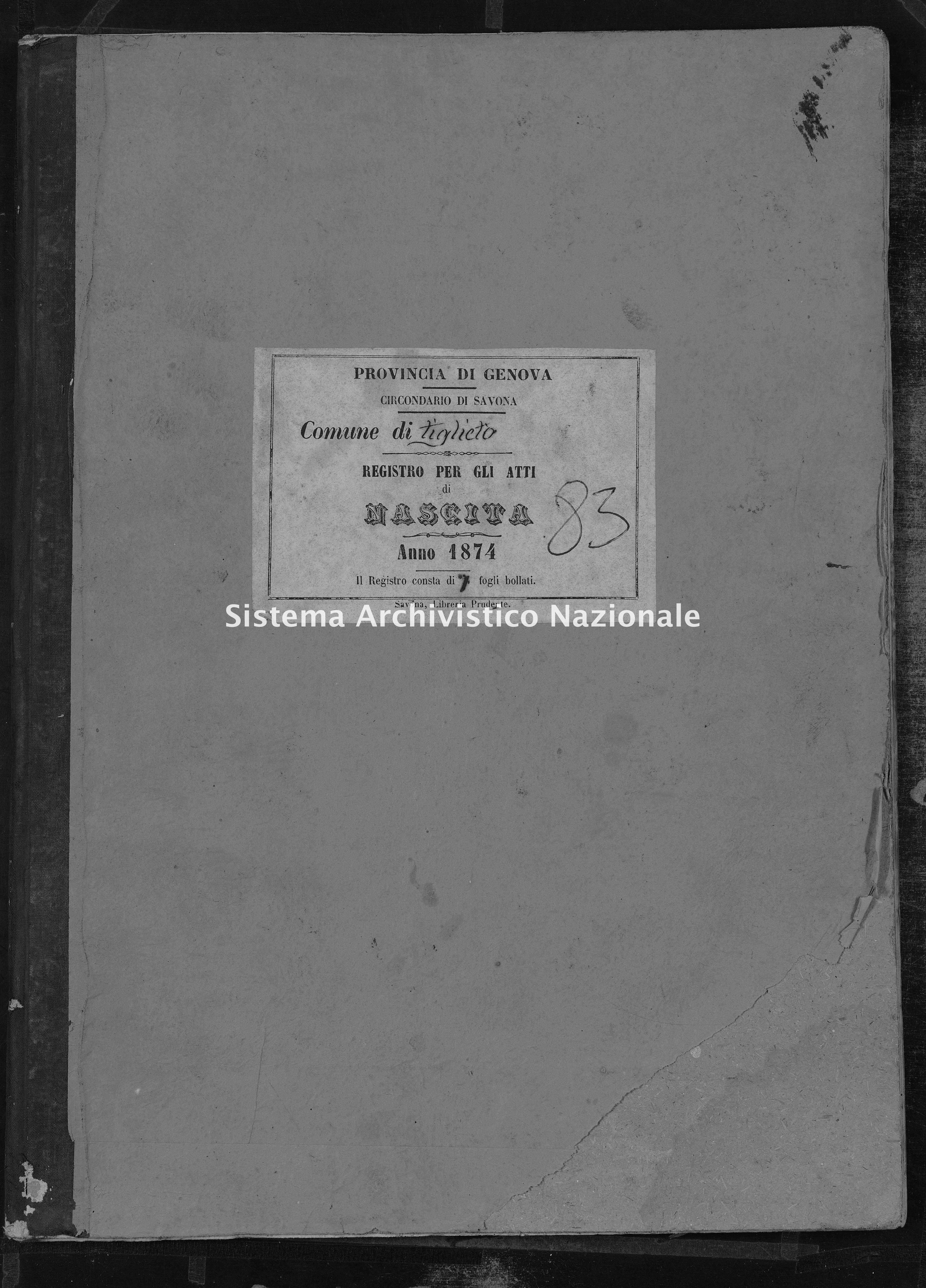 Archivio di stato di Savona - Stato civile - Tiglieto - Nati - 1874 - 83 -