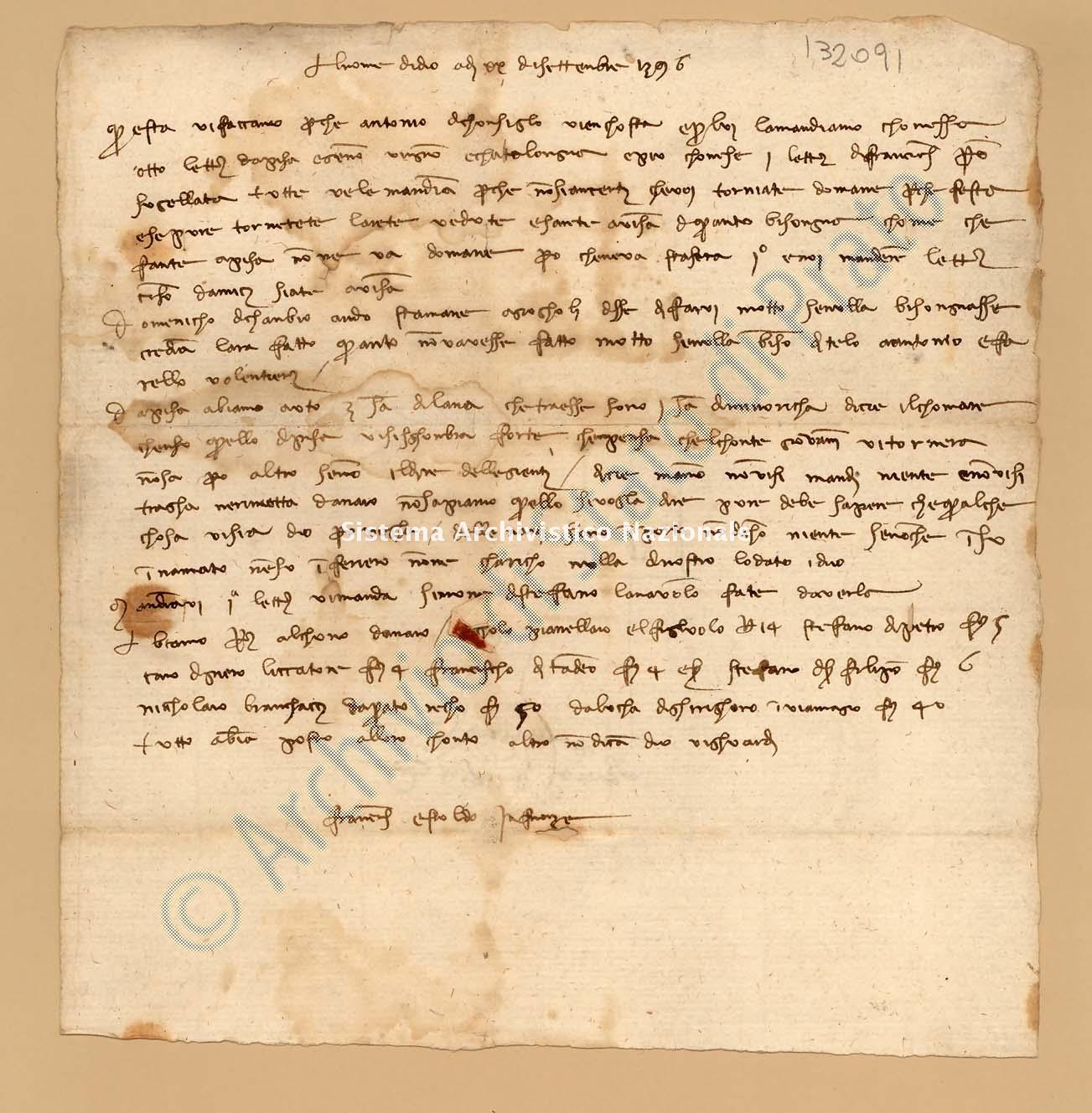 Lettera di Datini Francesco Di Marco e Stoldo Di Lorenzo Di Ser Berizo e Comp. a Stoldo Di Lorenzo Di Ser Berizo, 20/09/1396, carte 1