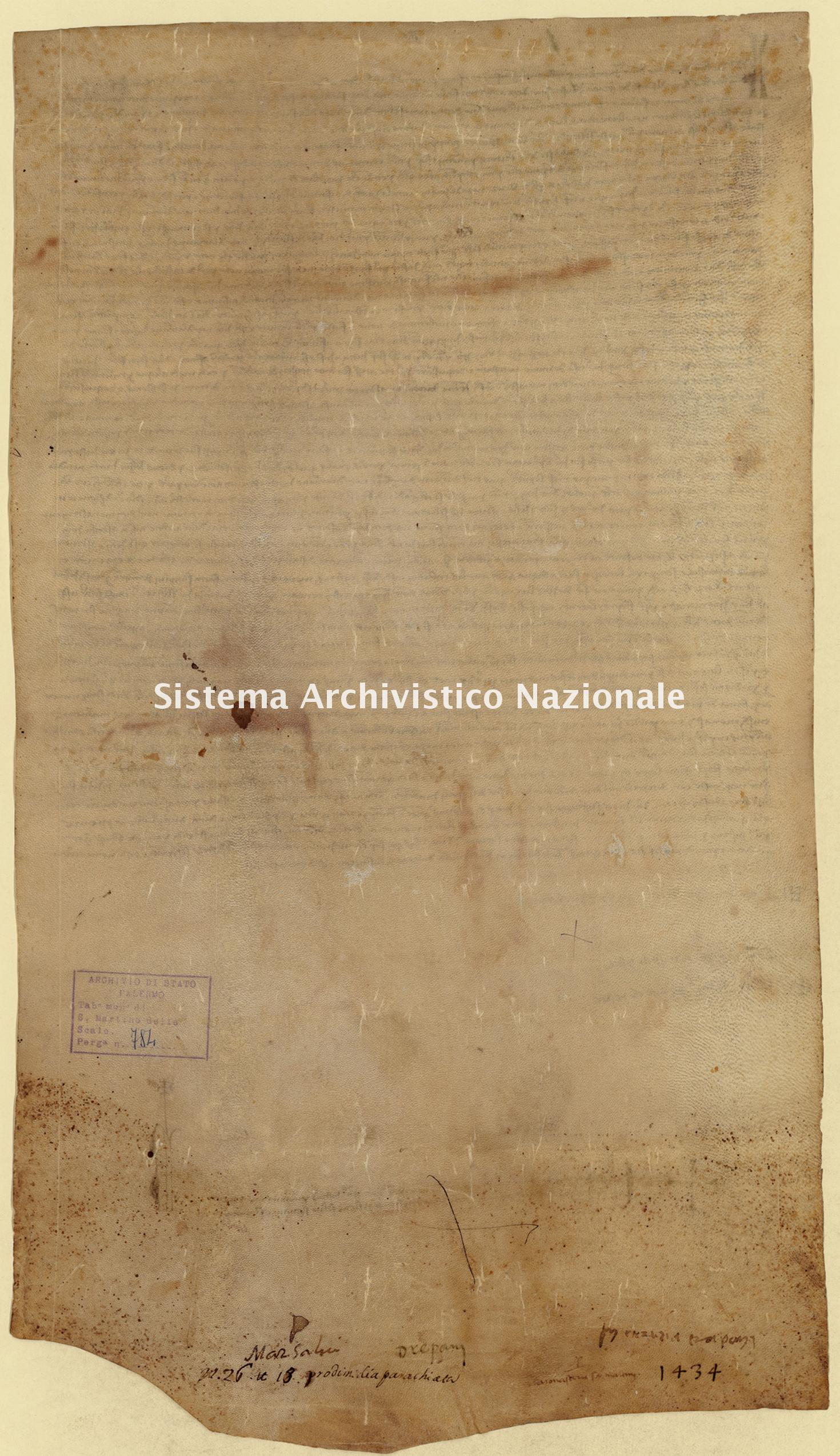 Archivio di Stato di Palermo, Diplomatico, Tabulario del monastero di San Martino delle Scale, Pergamena TSMS 0784